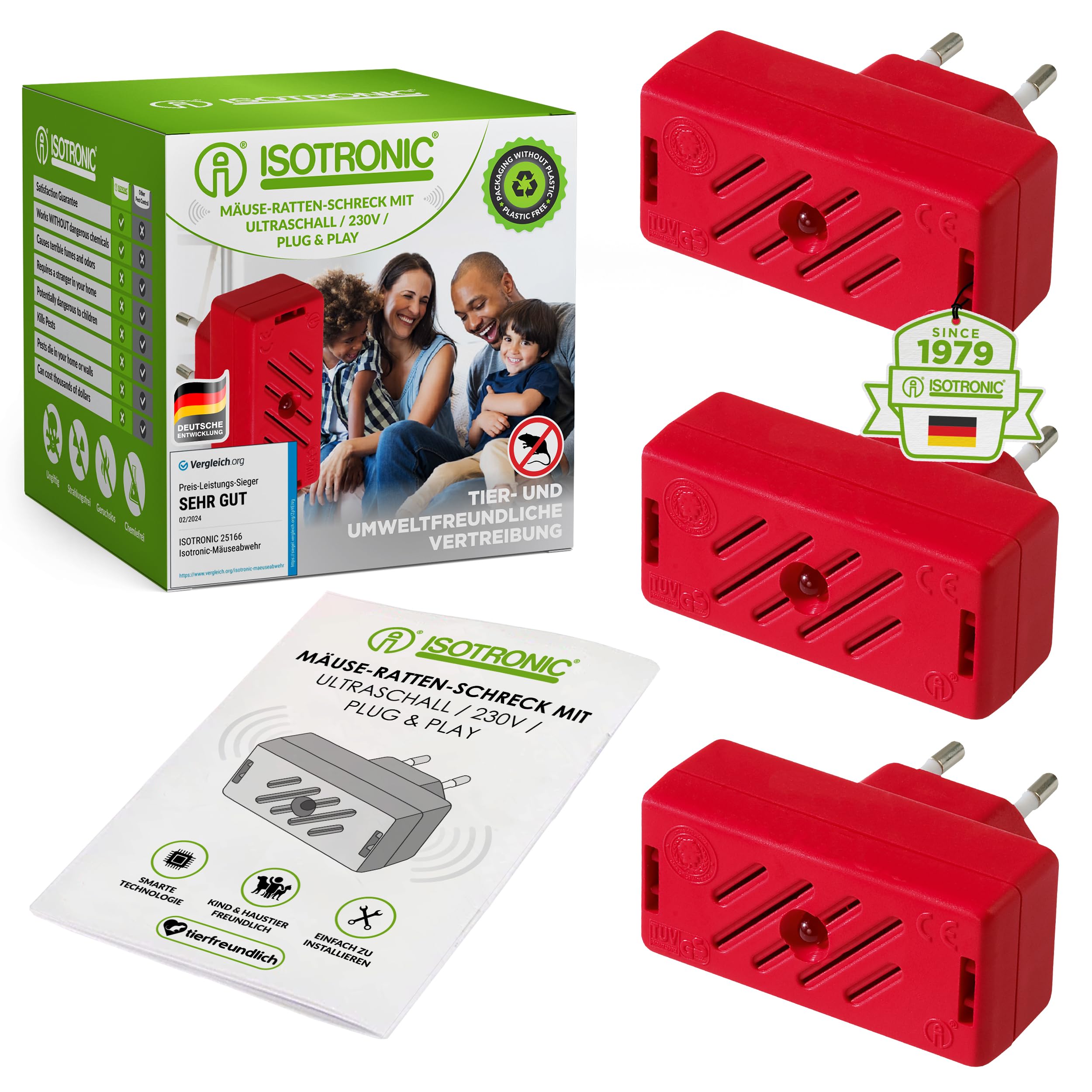 ISOTRONIC Ultraschall Mäuseabwehr zum Mäuse & Ratten vertreiben – Schädlingsvertreiber für Dachboden, Keller & Garage – Mäuseschreck ohne Gift & Mausefalle – 30m² Wirkungsbereich (3 Stück)