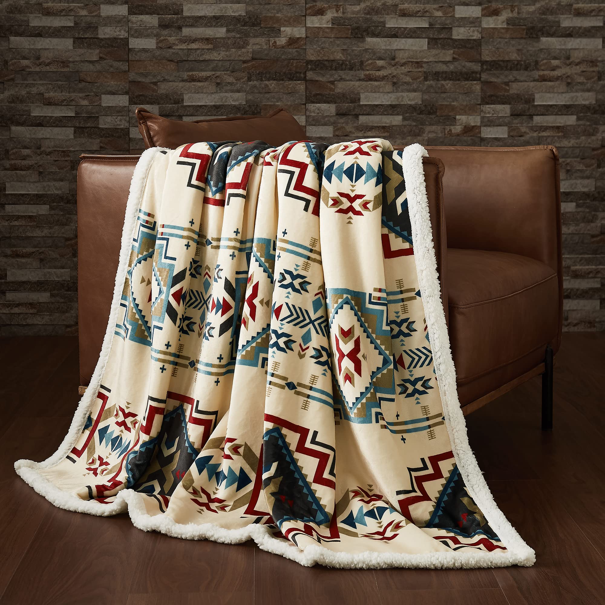 Indigo Hill by HiEnd Accents | Spirit Valley Aztec Sherpa Throw Blankets, Tribal Navajo Print Western Blanket for Camping Outdoor, Southwestern Sherpa Fleece Blanket for Couch, Sofa, Bed, 54x68 inch