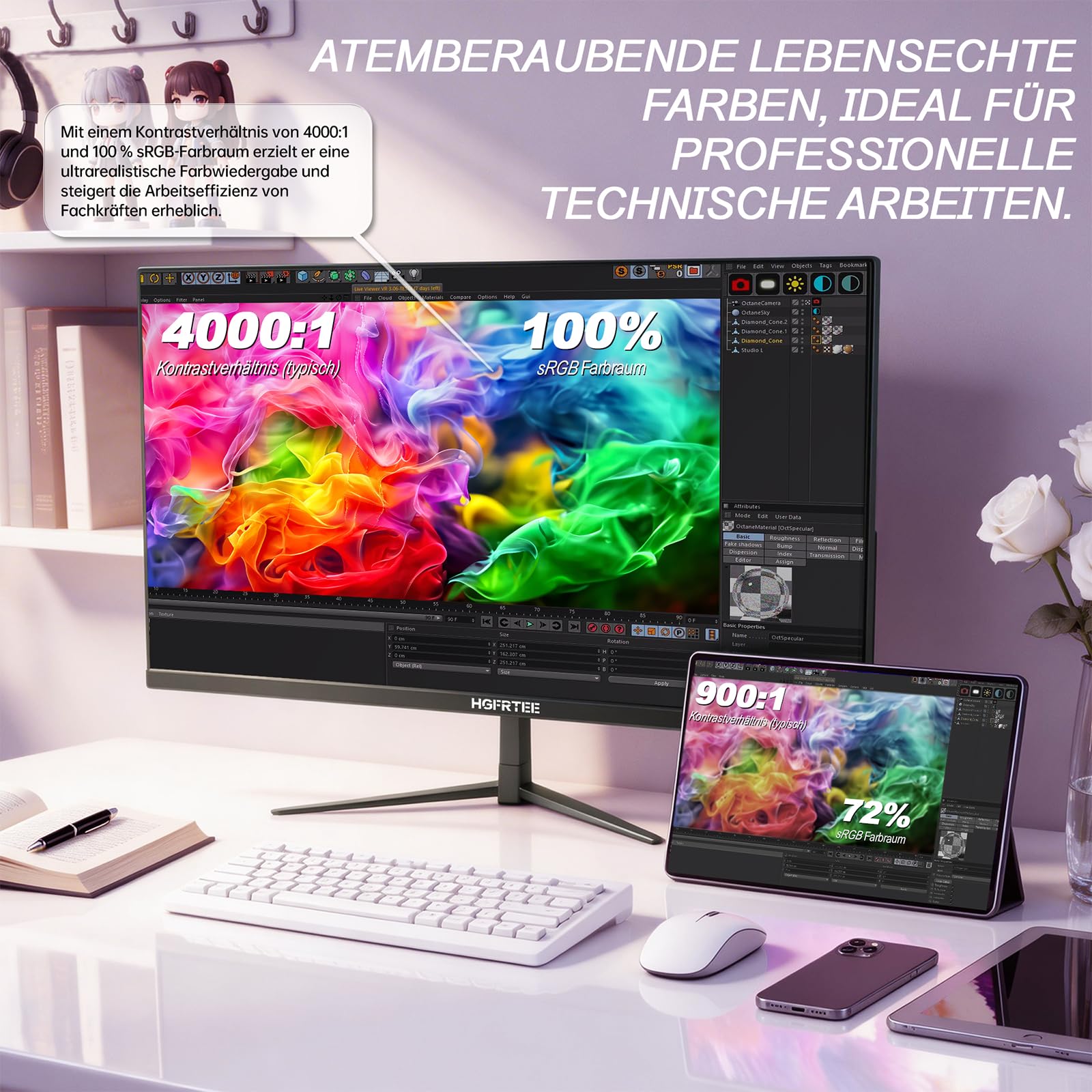 32 Zoll Monitor 4K, (3840 * 2160) UHD PC Gaming Monitor, VA-Panel, 60 Hz, 4000:1, 100% sRGB, FreeSync, HDR, HDMI/DP, Wandmontage 100×100 mm, für Büro, Design & Gaming