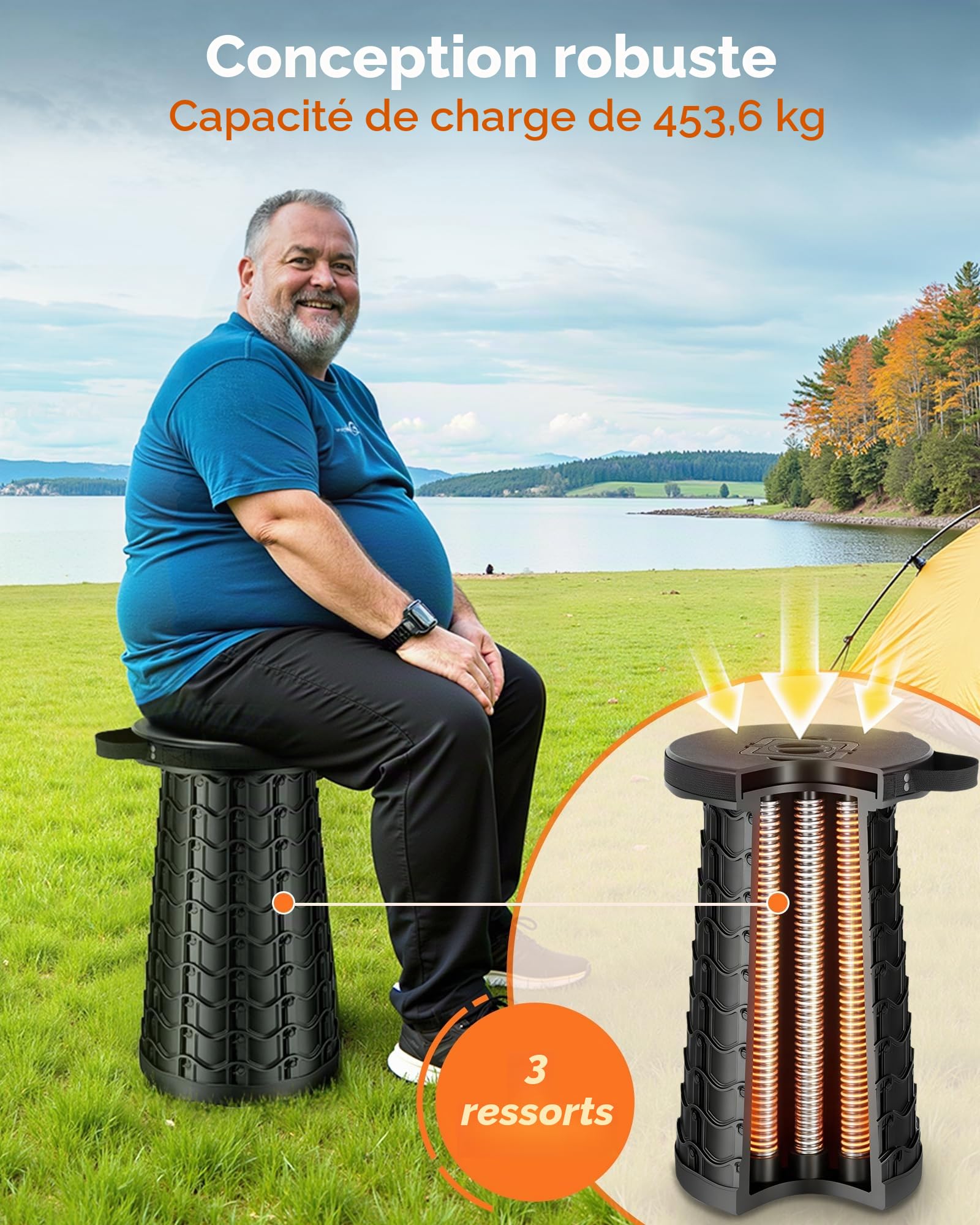 Portable Tabouret Pliant, Haut et Large Améliorés Tabouret Reglable en Hauteur pour l'Exterieur, Camping, Barbecue, Randonnée & Pêche