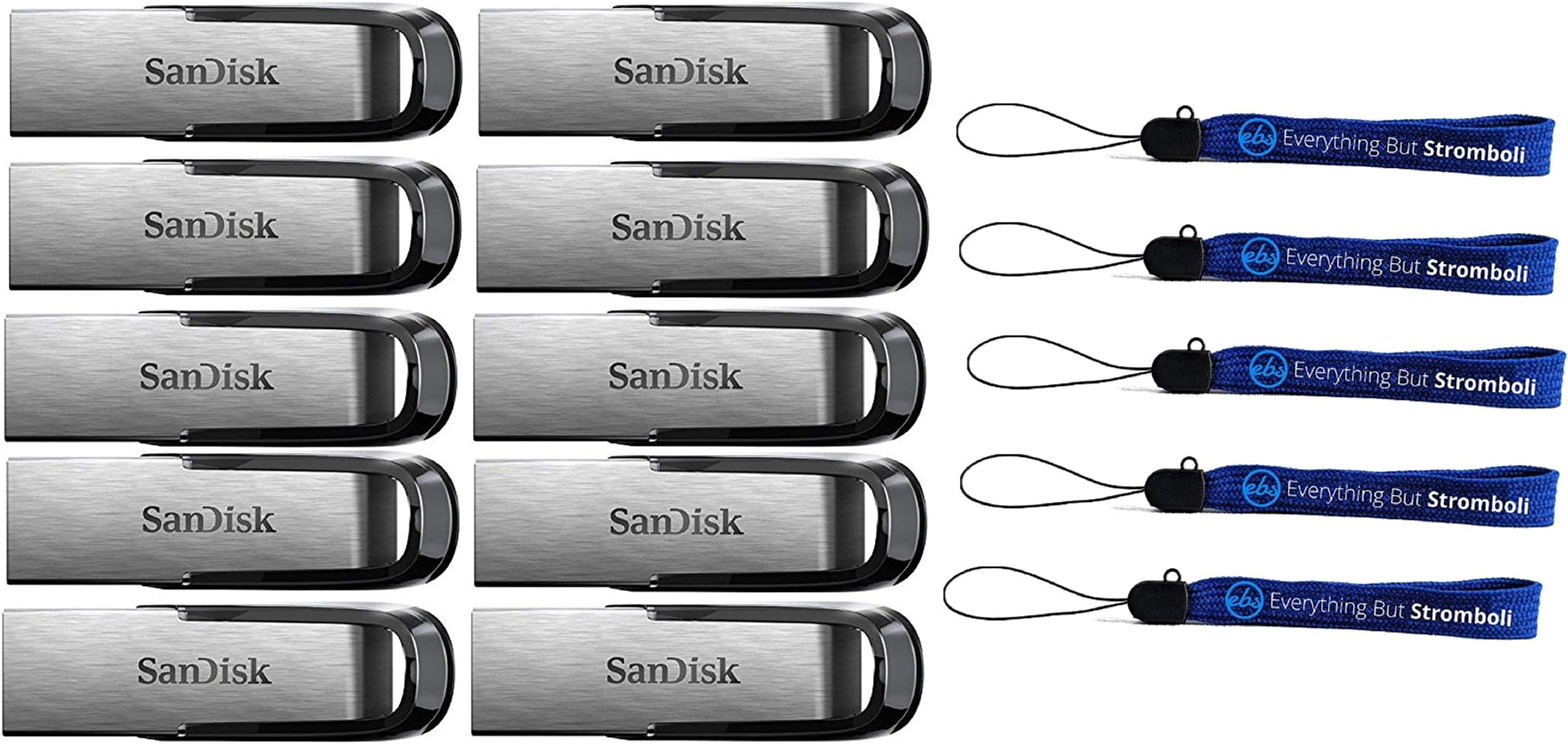 SanDisk Ultra Flair USB (10 Pack) 3.0 32GB Flash Drive High Performance Jump Drive/Thumb Drive/Pen Drive up to 130MB/s - with (5) Everything But Stromboli (tm) Lanyard