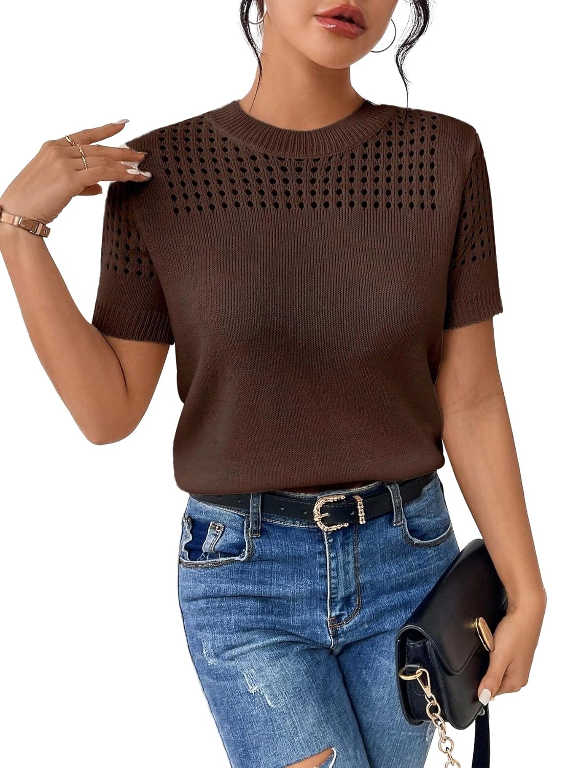 Short Sleeve Sweaters for Women 2026 Casual Crewneck Summer Shirts Lightweight Hollow Out Knit Sweater Tops
