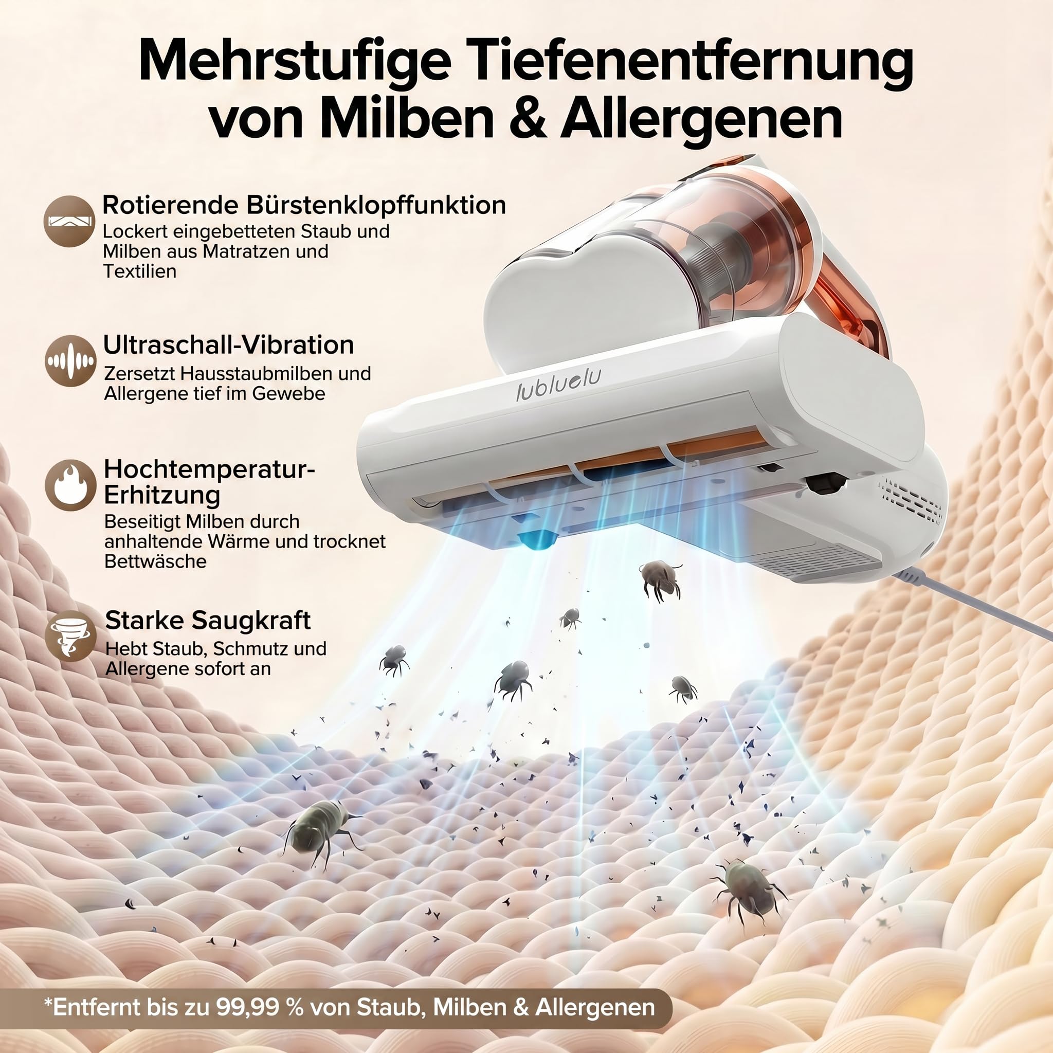 Lubluelu Milbensauger 3in1 für Matratzen, 20KPa Starke Saugleistung, UV-C-Licht, Matratzenreiniger gegen Milben, Staub und Allergene, Handstaubsauger für Bett, Sofa, Polster und Textilien