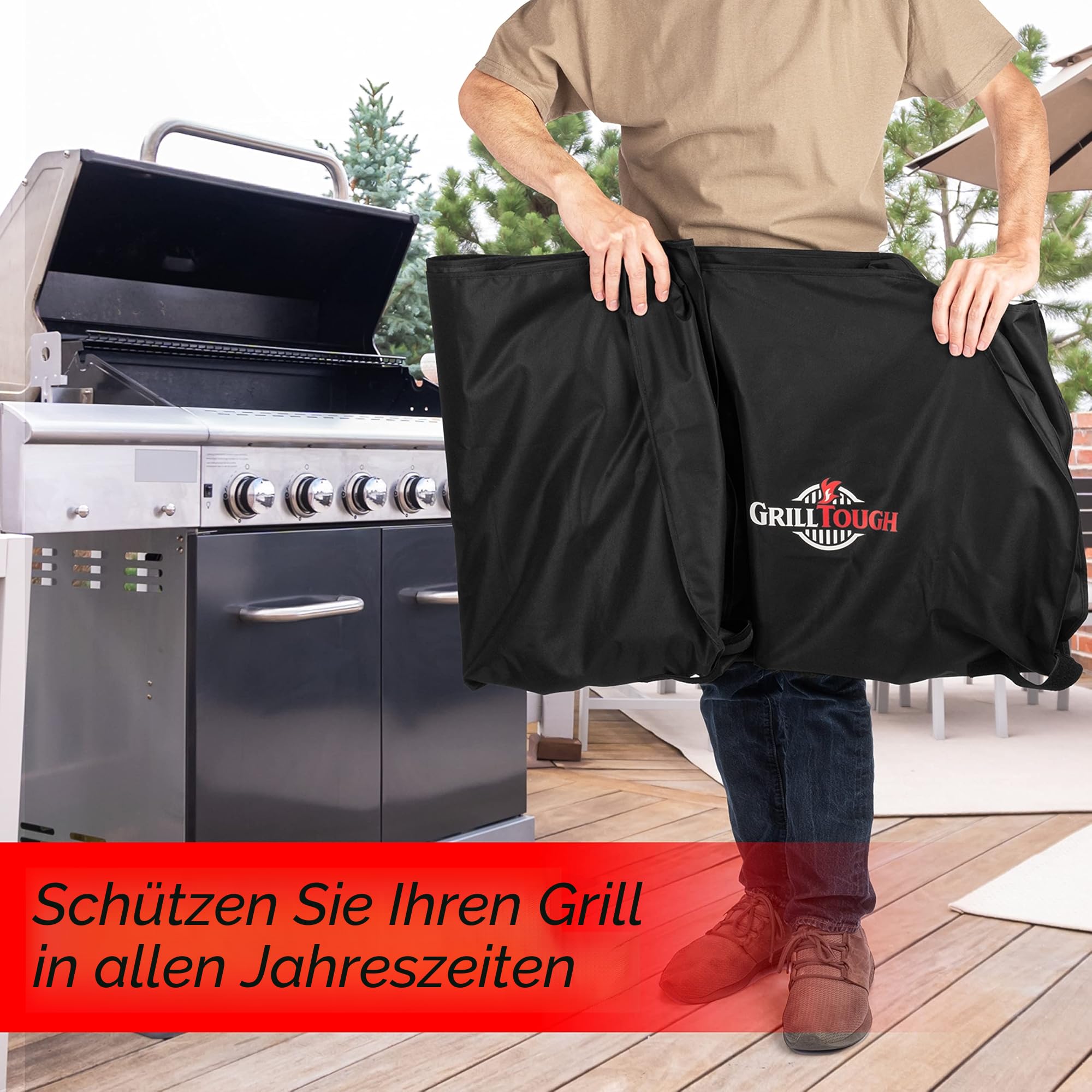 GrillTough Hochleistungs-Grillabdeckung für Außengrills – Wasserdicht, wetterbeständig, UV- und lichtbeständig mit verstellbaren Riemen – Gasgrillabdeckung für Weber, Charbroil (152L x 71W x 112H cm)