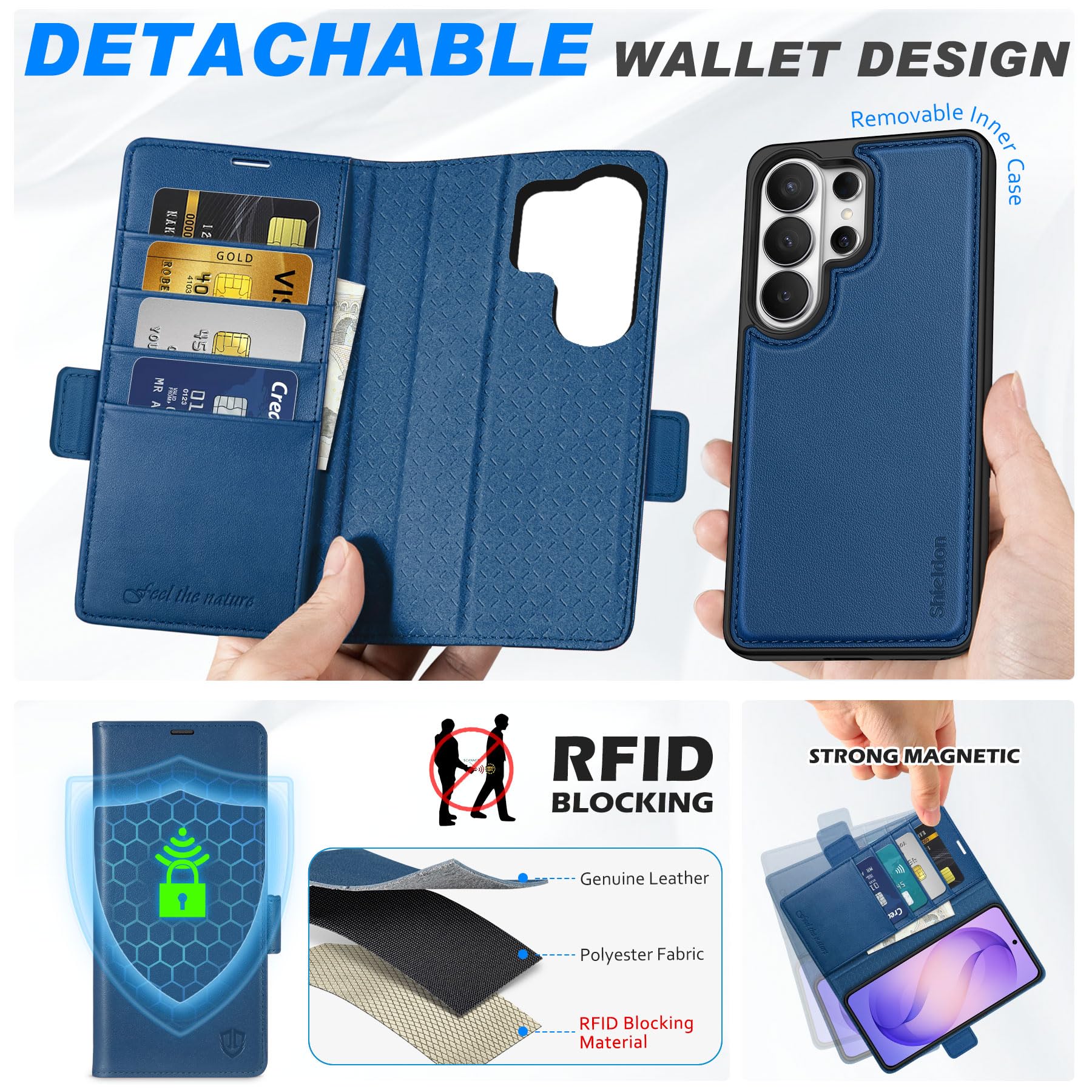 Shieldon Étui 2 en 1 Cuir Véritable pour Galaxy S26 Ultra 6.9", Bleu Royal