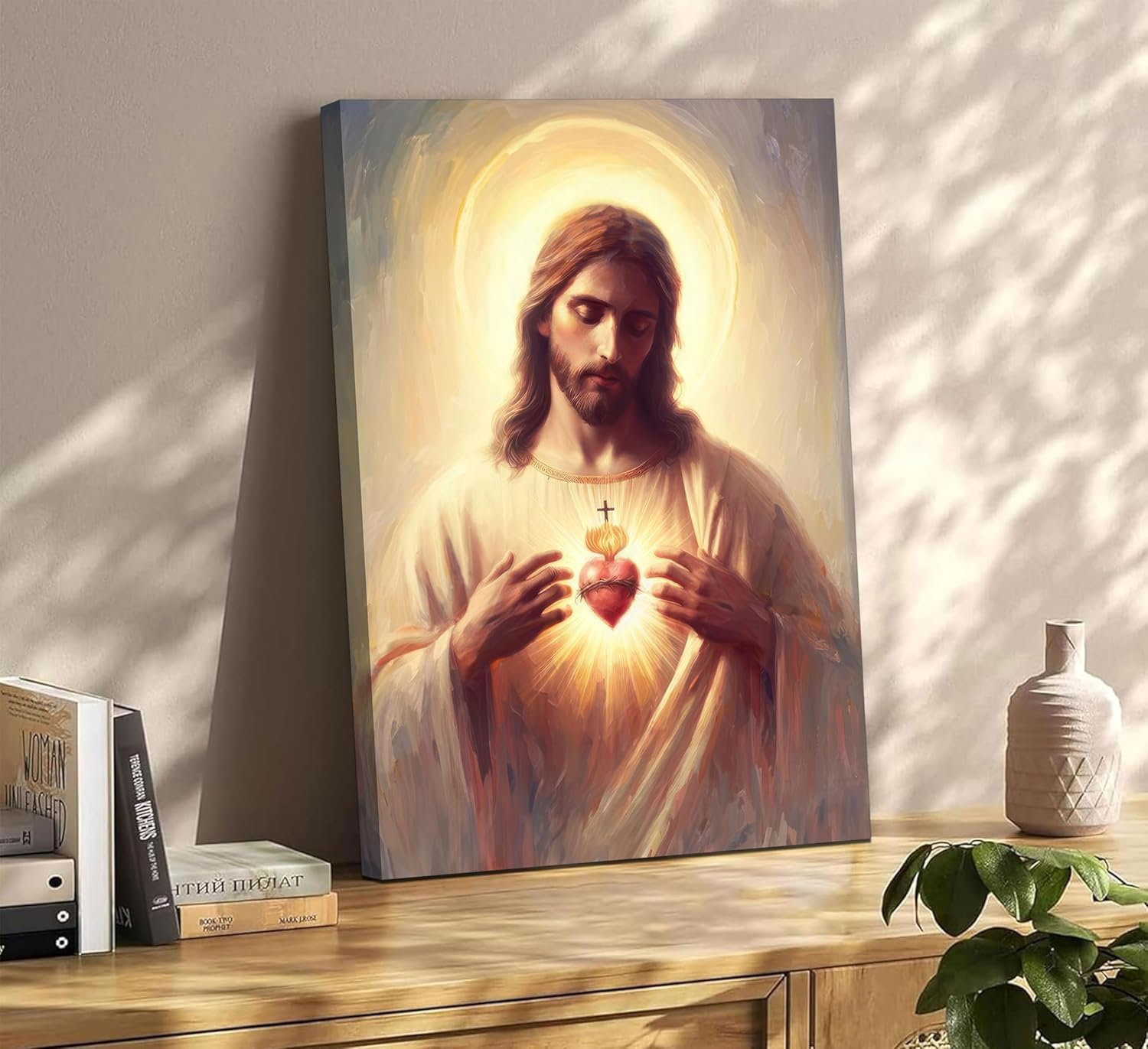 Jesus Sacred Heart Canvas Wall Art Painting Christian Poster Print Divine Mercy Picture Religious Spiritual Wall Decor for Bedroom Living Room 16x24in Framed