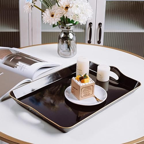 Miniatura 6 de Spsyrine Bandeja grande negra para servir con asas, bandeja decorativa de plástico para mesa de café, otomana, baño, decoración del hogar 17.3 x