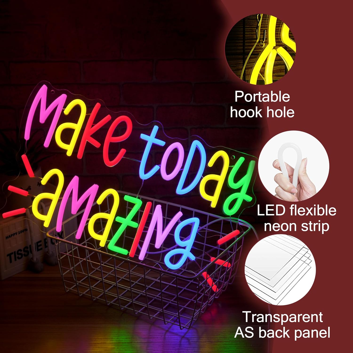 Make Today Amazing Neon Sign Colorful Bright Neon Light Cool Classroom Decor Light Up Sign Inspirational Led Neon Light Sign for School Library Classroom Bedroom