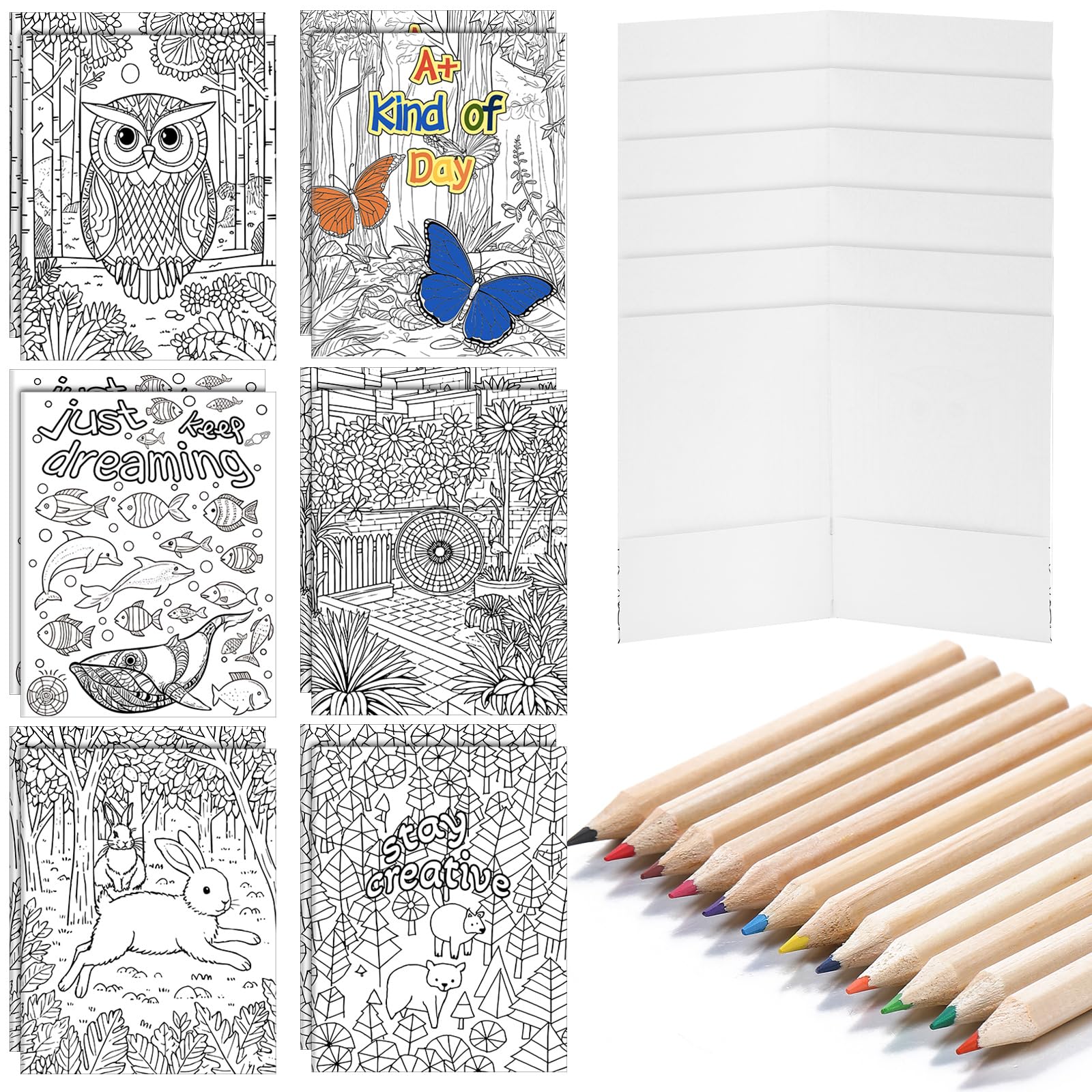 Dinifee 12 Pcs DIY Colouring Folders with 12 Pencils 6 Designs Paper White Folders with Pockets Gift Bulk for Back to School Office Birthday Creative