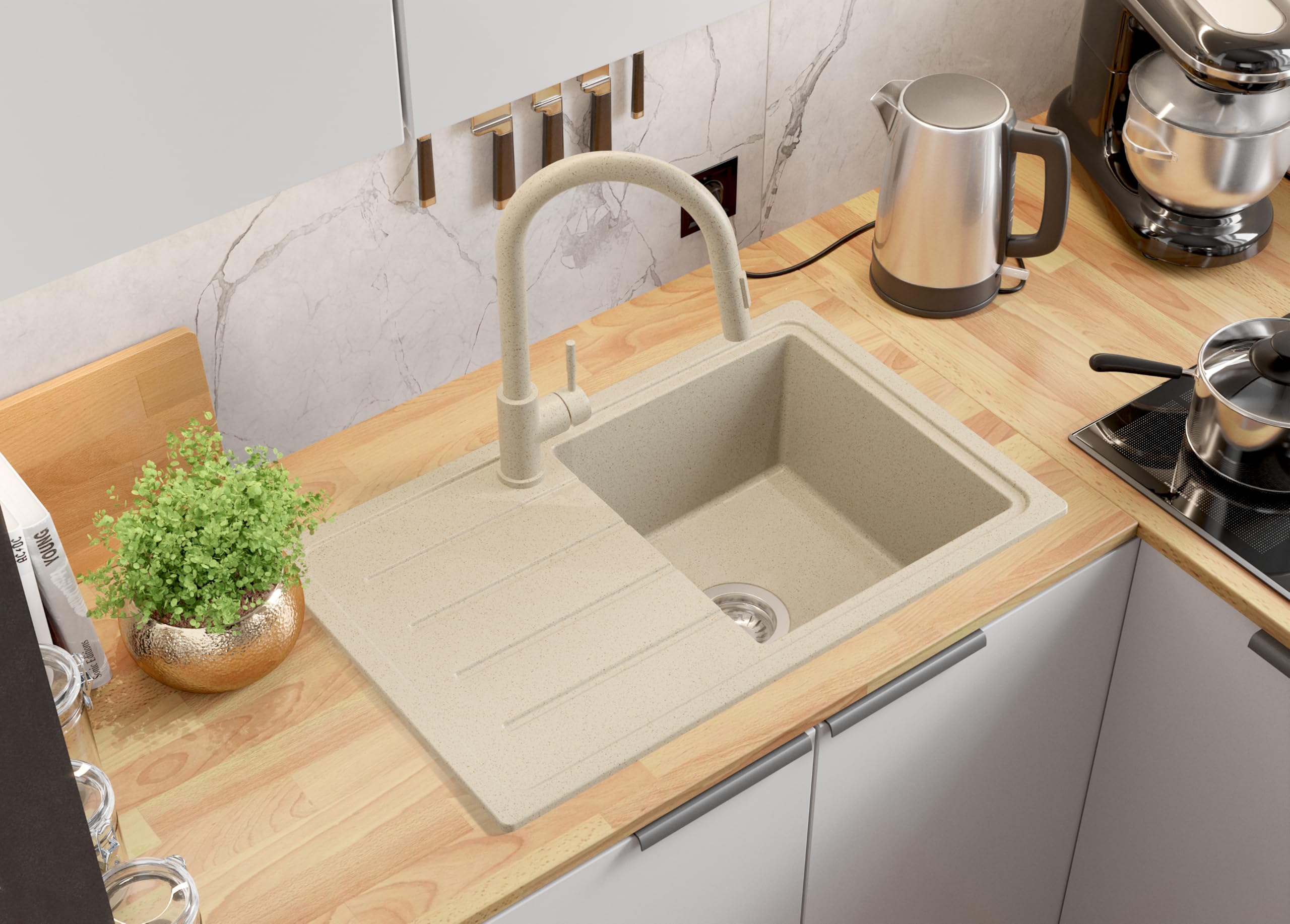 PRIMAGRAN Evier Cuisine en Granit Tout Beige 70x44cm, Lavabo 1 bac + Robinet 32x20cm + Kit de Vidage, Évier à Encastrer au Meuble 45cm - Copenhague Easy S052