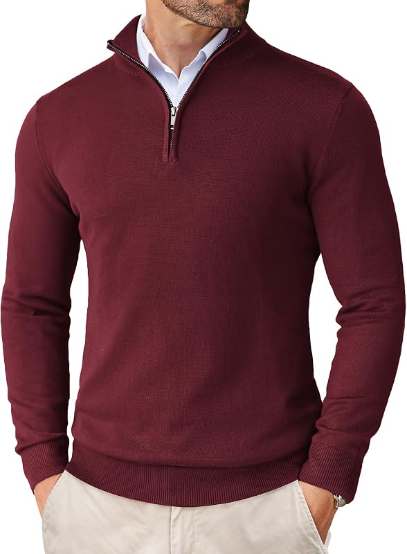 COOFANDY Quarter Zip Up Sweaters Slim Fit Lightweight Mock Pullover para hombre | Suéteres de polo informales, suéter con cremallera Quarter Zip, Business Winter Fall, ajuste relajado, suéter de cuello alto de punto, tirador de cremallera de metal