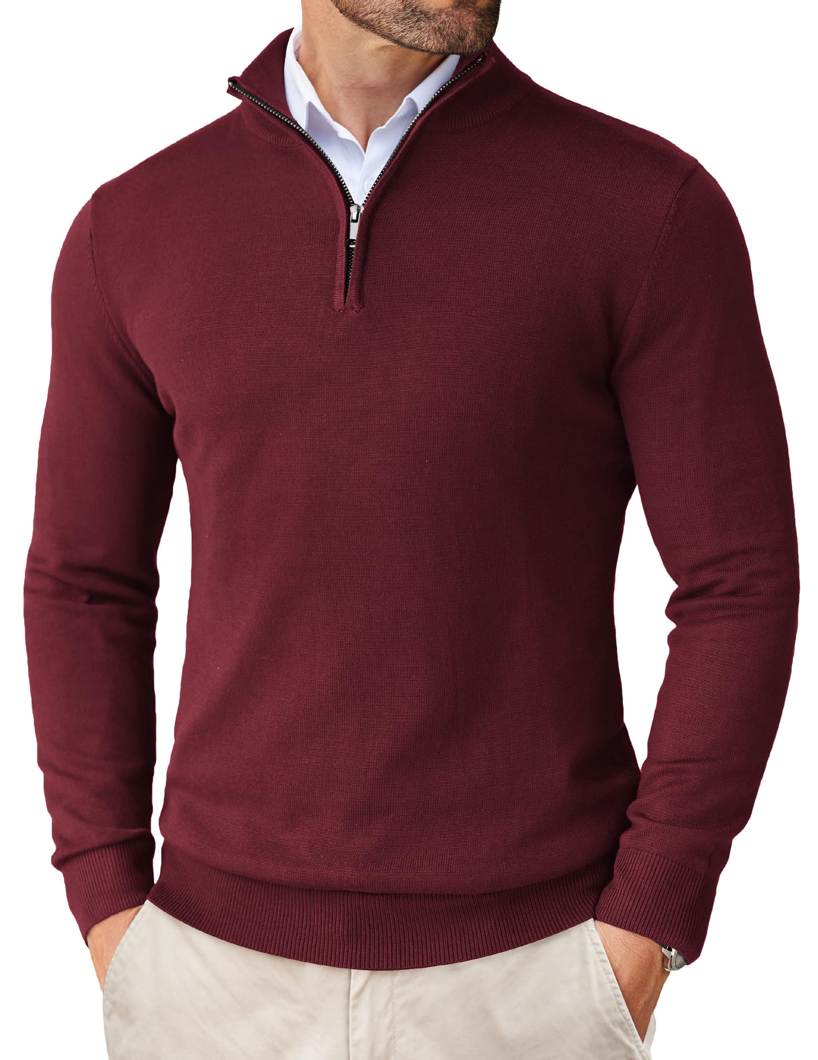 Homme Pull Zippé A Côtes Tricoter Tricoté Couleur Unie Demi Fermeture