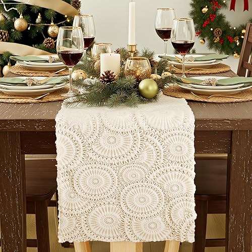 Miniatura 4 de Camino de mesa navideño: Camino de mesa bohemio blanco con patrones florales, caminos de granja de felpa de piel sintética para el hogar, cocina,