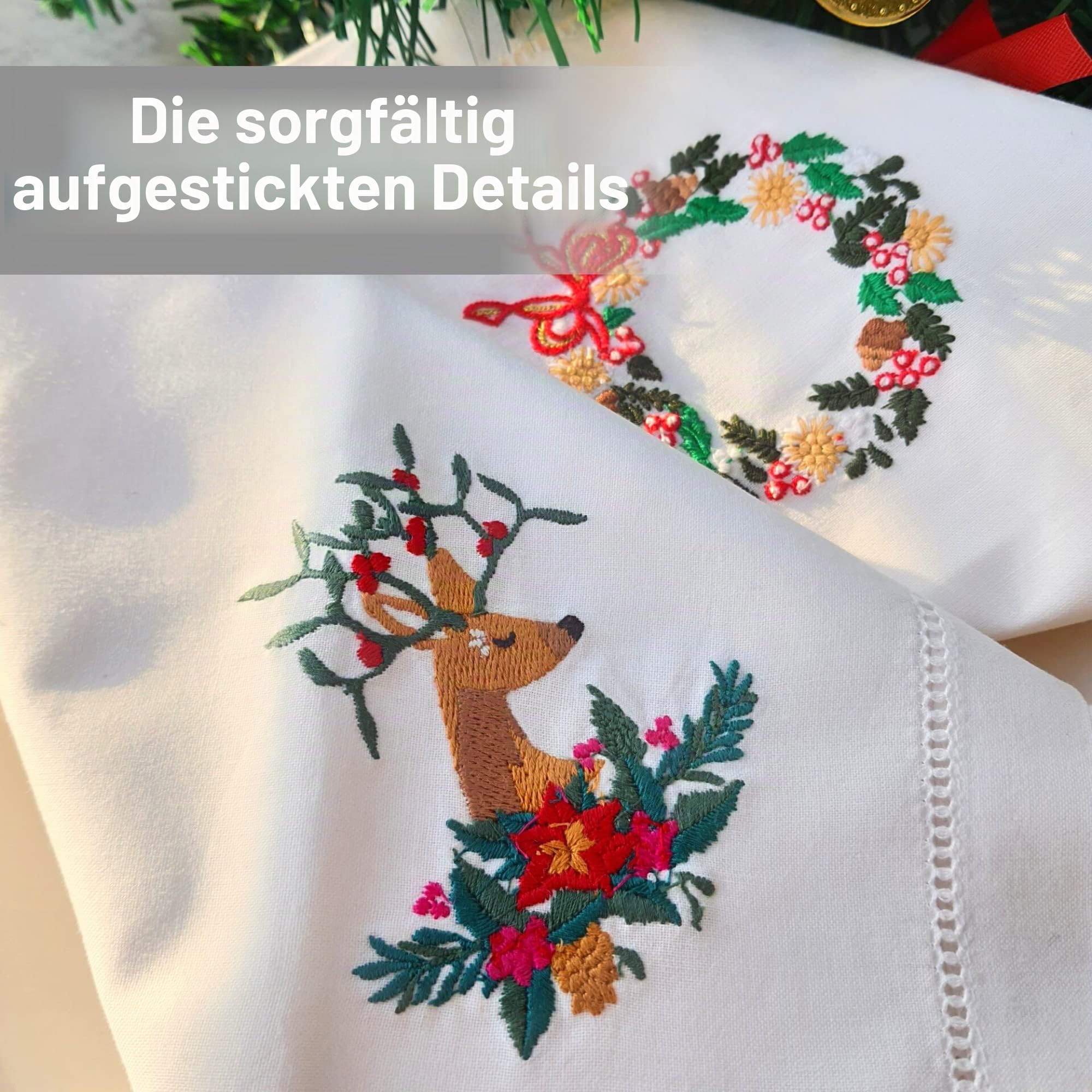 HCRAFT Bestickte Baumwoll-Tischservietten, Stoffservietten, 4 Stück, 45,7 x 45,7 cm, Weihnachtsserviette, quadratischer Stoff, Esszimmer, Servietten, Stoff, maschinenwaschbar, Weihnachtsservietten,