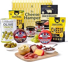 Hattie’s Gifts Cheese and Chutney Hamper with Savoury Food Gifts – Serious Pig Snacking Cheese, British Truckles, Olives, & Snackingham Meat Snacks – Premium Christmas Hamper for Dad & Men
