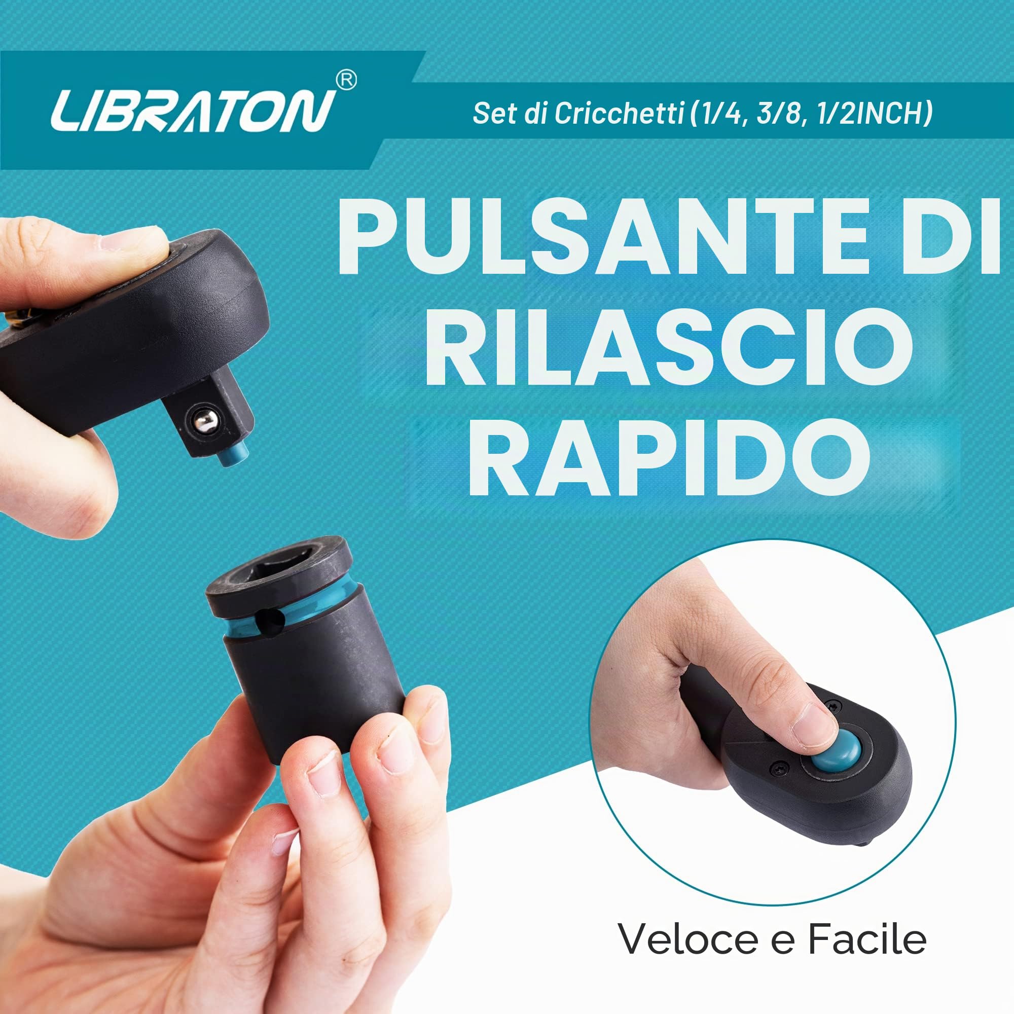 LIBRATON Cricchetto reversibile, Set di 3 chiave a cricchetto 1/4", 3/8", 1/2", impugnatura a cricchetto sgancio rapido a 72 denti, con organizer in EVA