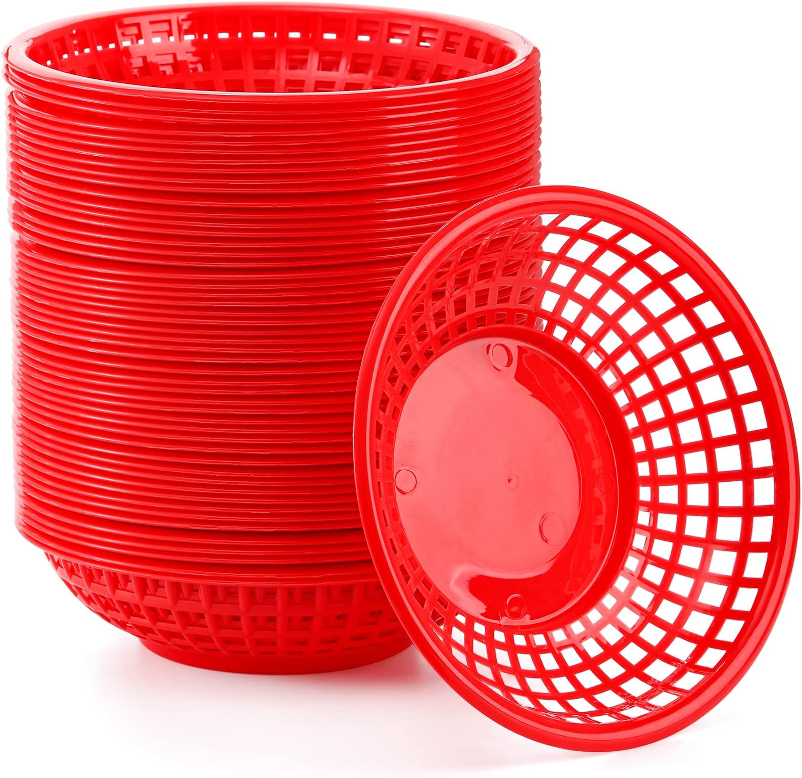 Suwimut 50 Pack Fast Food Baskets, 8 Inches Round Plastic Bread Fry Baskets, Serving Tray for Fast Food Restaurant, Deli Serving, Barbecues, Picnics, Parties, Hot Dogs, Chicken, Burgers