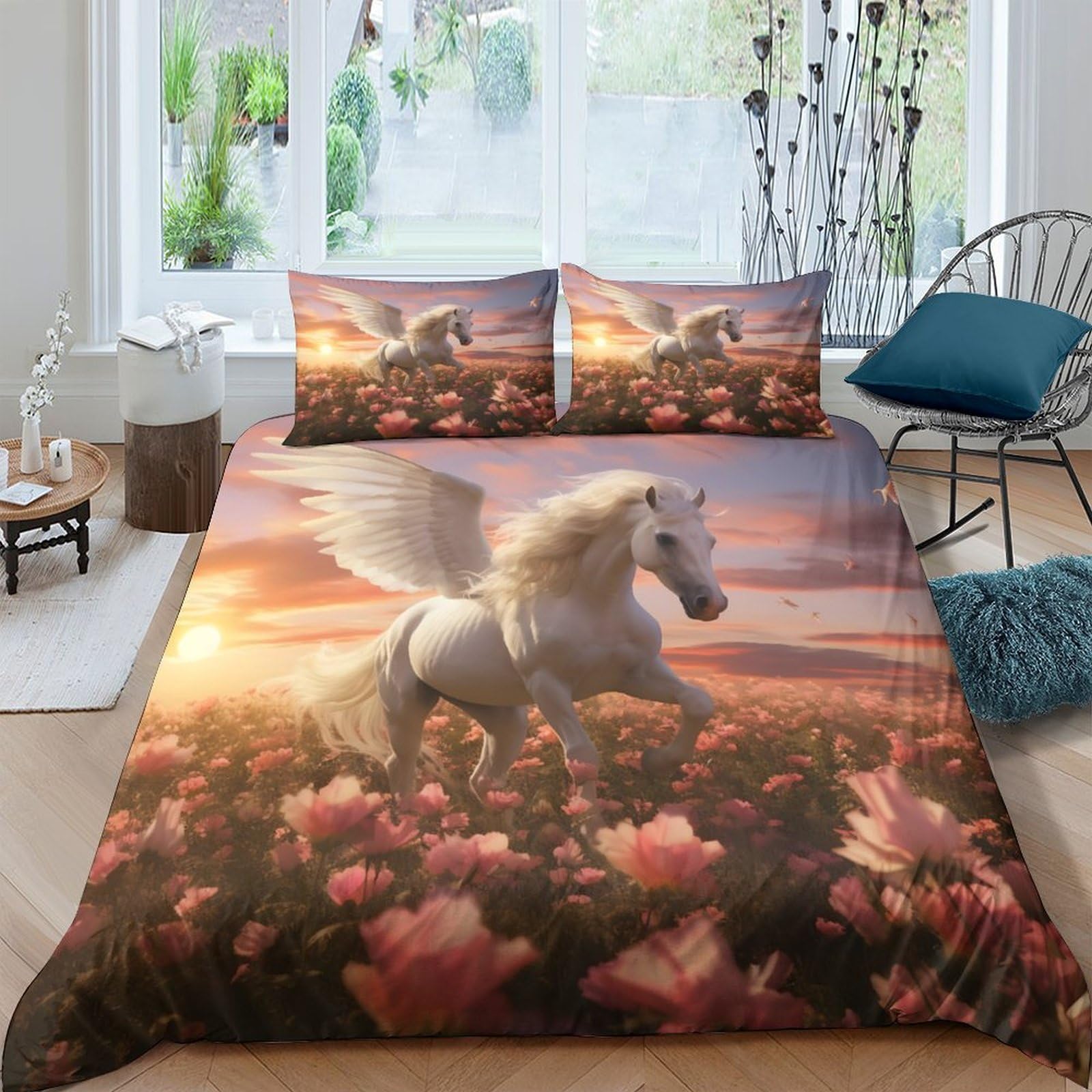 GPLZQXKJNH 3D Printed White Pegasus Duvet Cover Microfiber Soft Sunset Meadow Quilt Cover Set with 2 Pillowcases for Bedroom Decor Single（135x200cm）