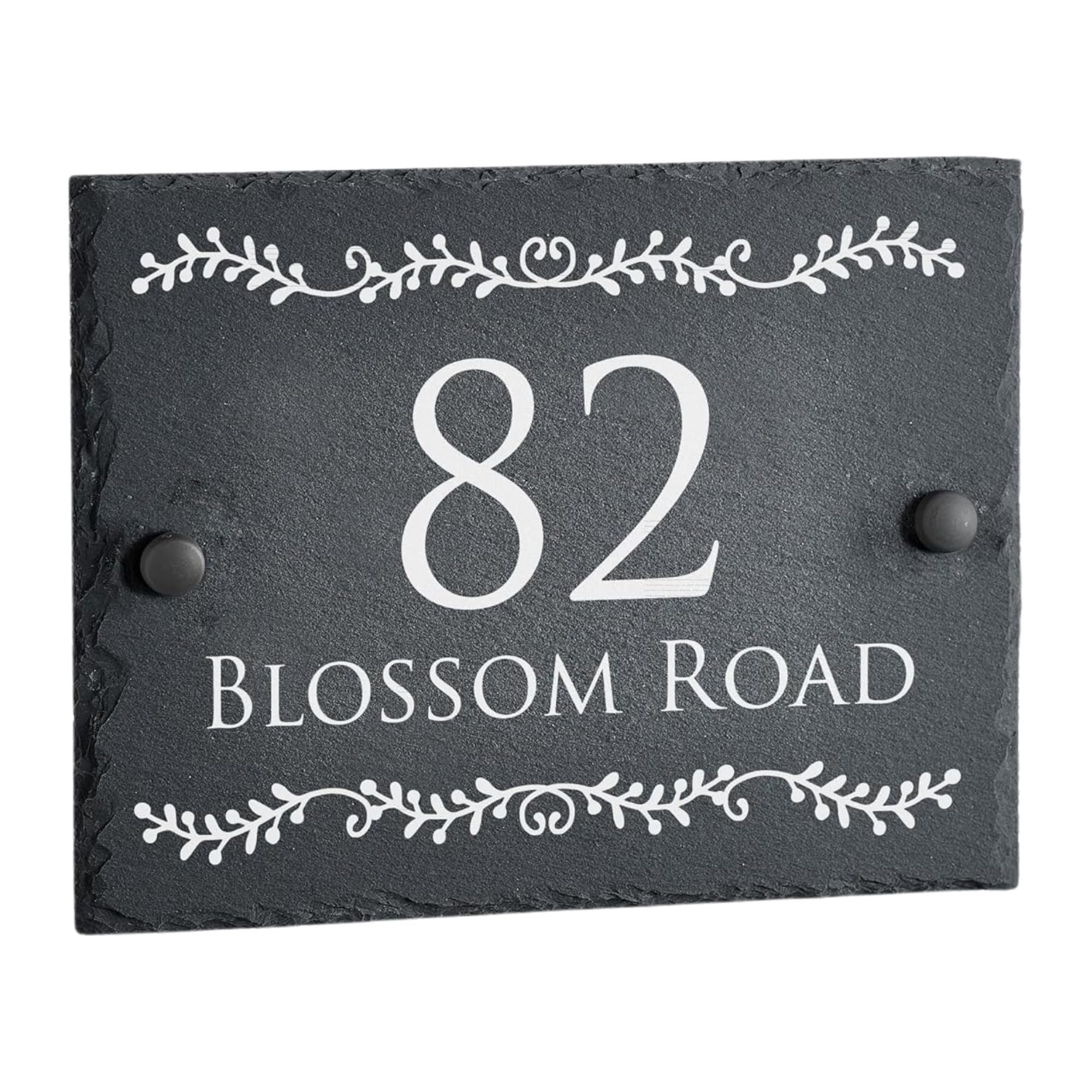 House Signs Direct | Bespoke Slate House Sign | Rustic Grey House Number Plaques with Floral Motif | Personalised Home and Door Number Plaques for Wall, Easy Install House Signs for Outside