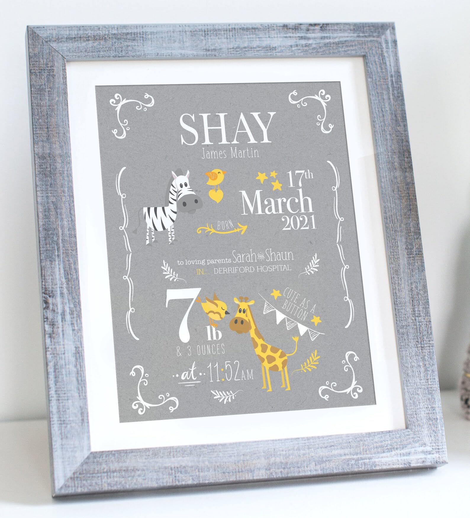 The Whistling Wren Personalised SAFARI Birth Print - Birth Stats New Baby BOY Gift - (GREY)
