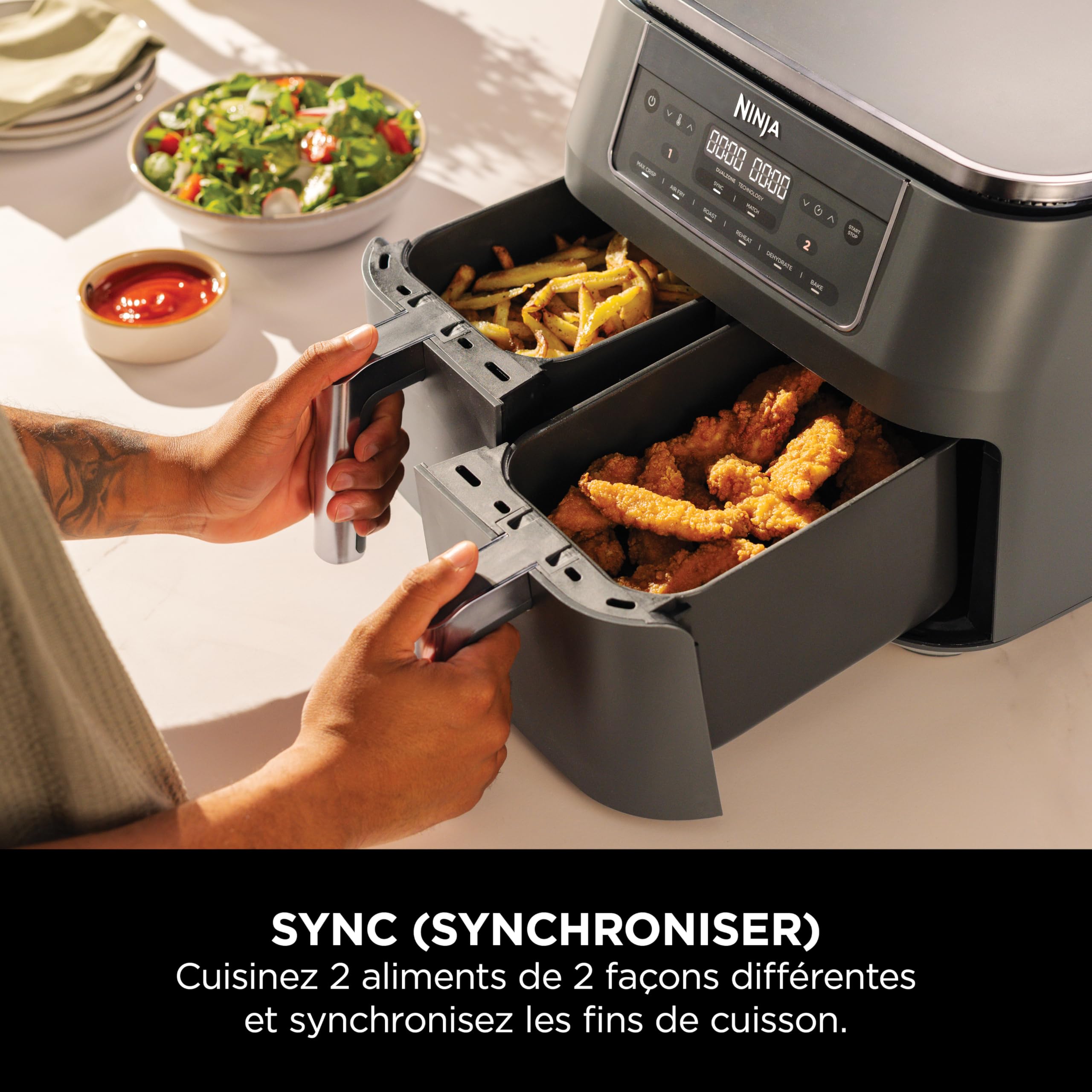 Ninja Air Fryer Dual Zone numérique, Friteuse à air électrique, 2 compartiments, 7,6 L, 6-en-1, Friteuse sans huile, Croustillant max, Rôtir, Cuire au four, Déshydrater, Réchauffer, Gris métal DZ300EU