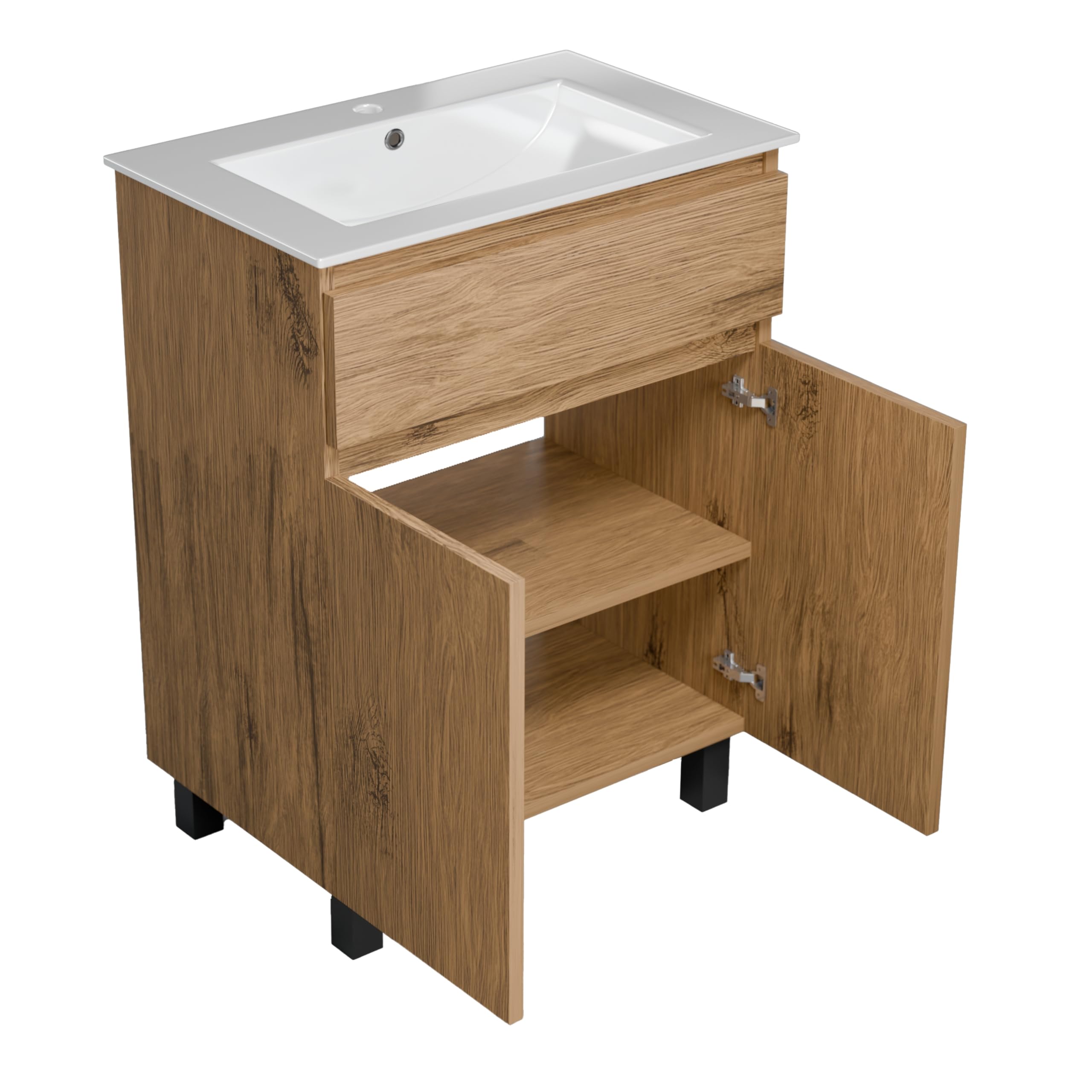 Meuble Salle de Bain 60 cm avec Vasque Ariza Sink | Meuble sous lavabo avec 1 tiroir et 2 Portes | Suspendu ou Debout | Bois Chêne