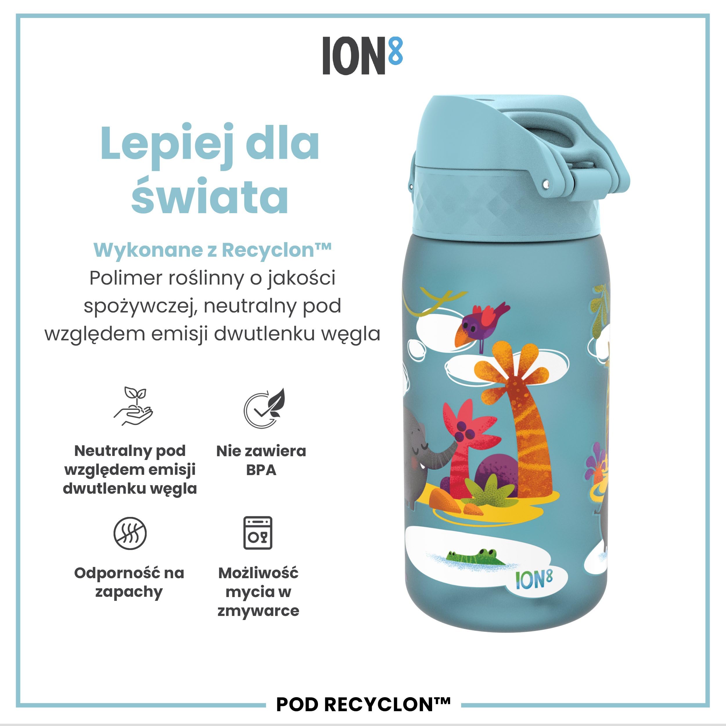 ION8 Butelka dla Dzieci, 350 ml/12 oz, Szczelna, Łatwa do Otwarcia, Bezpieczny Zamek, Można Myć w Zmywarce, Bez BPA, Uchwyt do Przenoszenia, Łatwa do Czyszczenia, Bezwonny, Safari