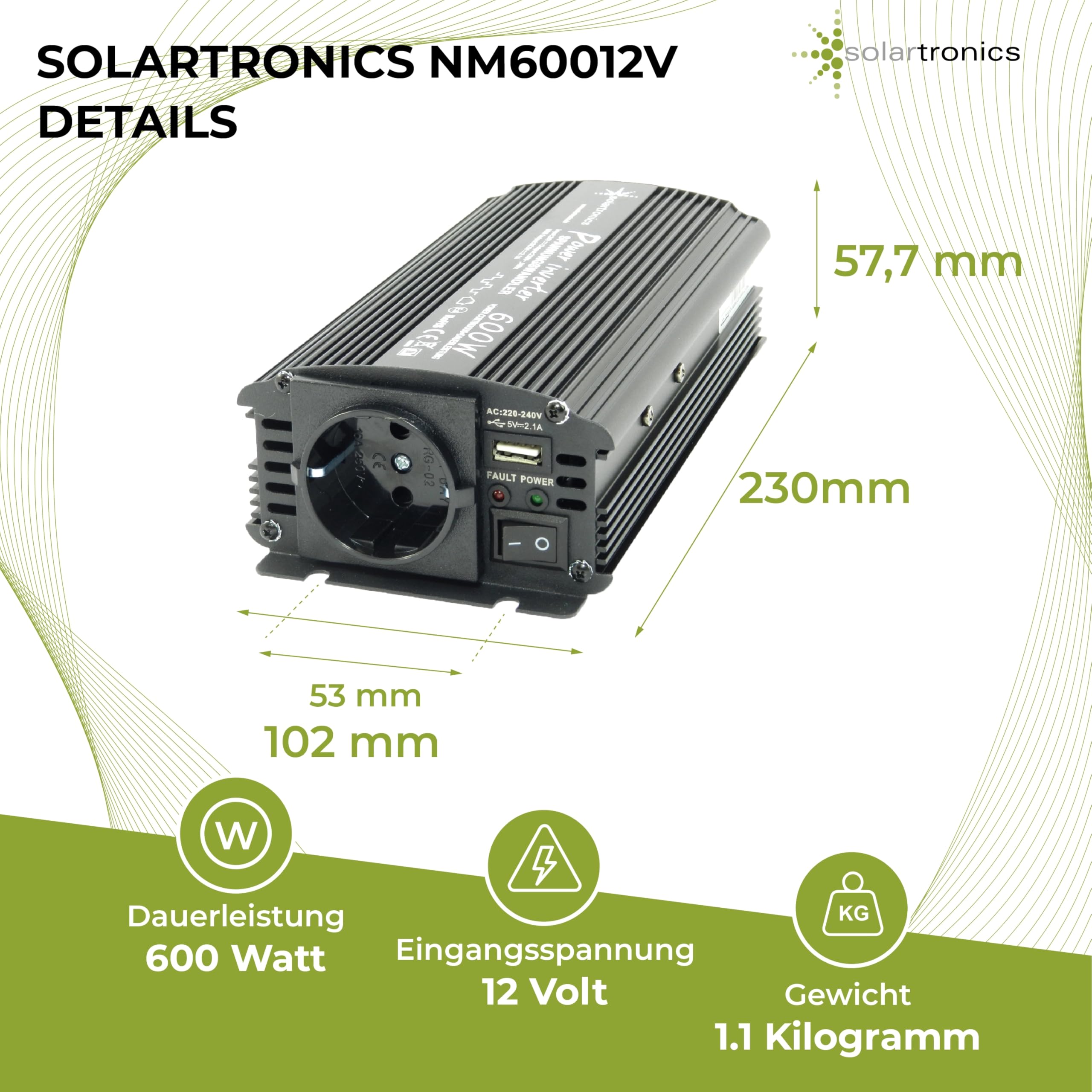 Solartronics Convertidor de Voltaje NM600 12V a 230V, 600W Continuo, 1200W Potencia Maxima, Onda Sinusoidal Modificada con Enchufe Schuko Puerto USB, Carcasa de Aluminio, Negro
