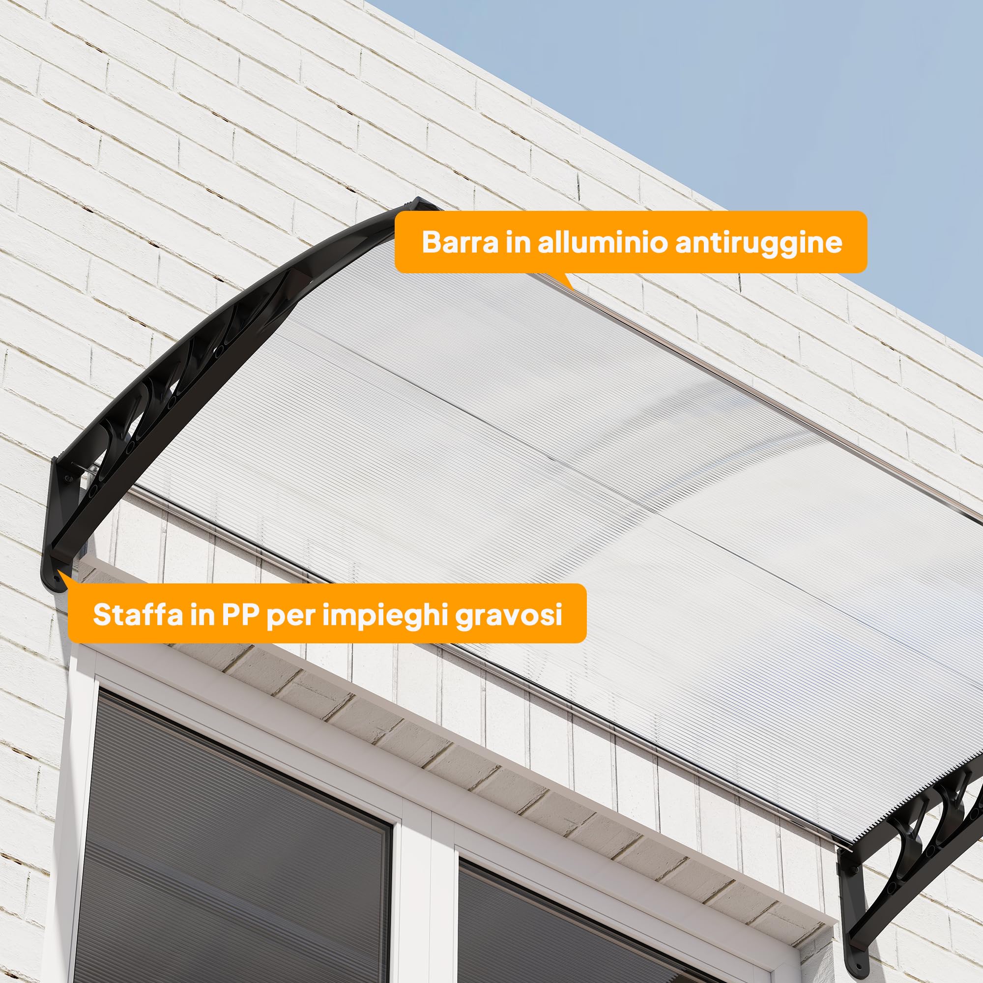 Outsunny Pensilina Tettoia da Esterno 150x90cm, Tettoia per Esterno Staffe in Policarbonato e Barre in Alluminio, per Balcone Finestre e Porte, Trasparente