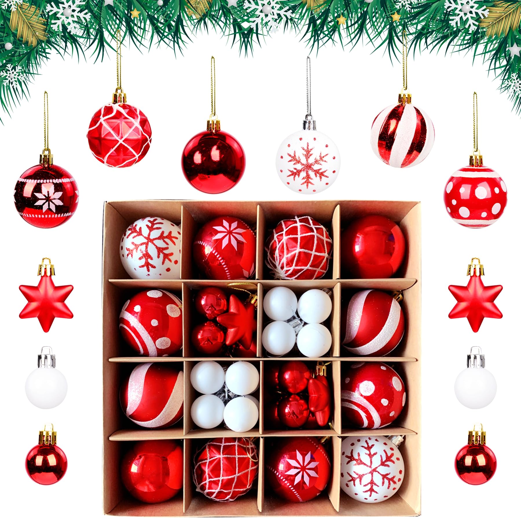 KEYIDO Christmas Tree Baubles, 42 Pack Red and White Christmas Tree Ornaments Set, Shatterproof Plastic Christmas Balls for Christmas Trees, Wreaths, Xmas Party Decorations