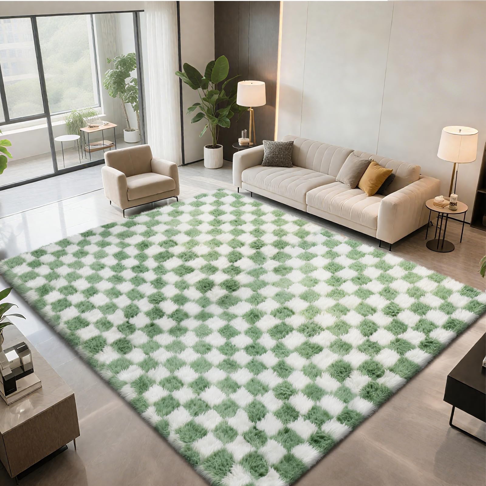 Photo 1 of Area Rugs for Bedroom Living Room,8x10 Green and White Fluffy Soft Checkered Rug Fuzzy Shag Shaggy Carpet, Indoor Plush Floor Rugs for Kids Boys Girls Teen Dorm Nursery Home Decor