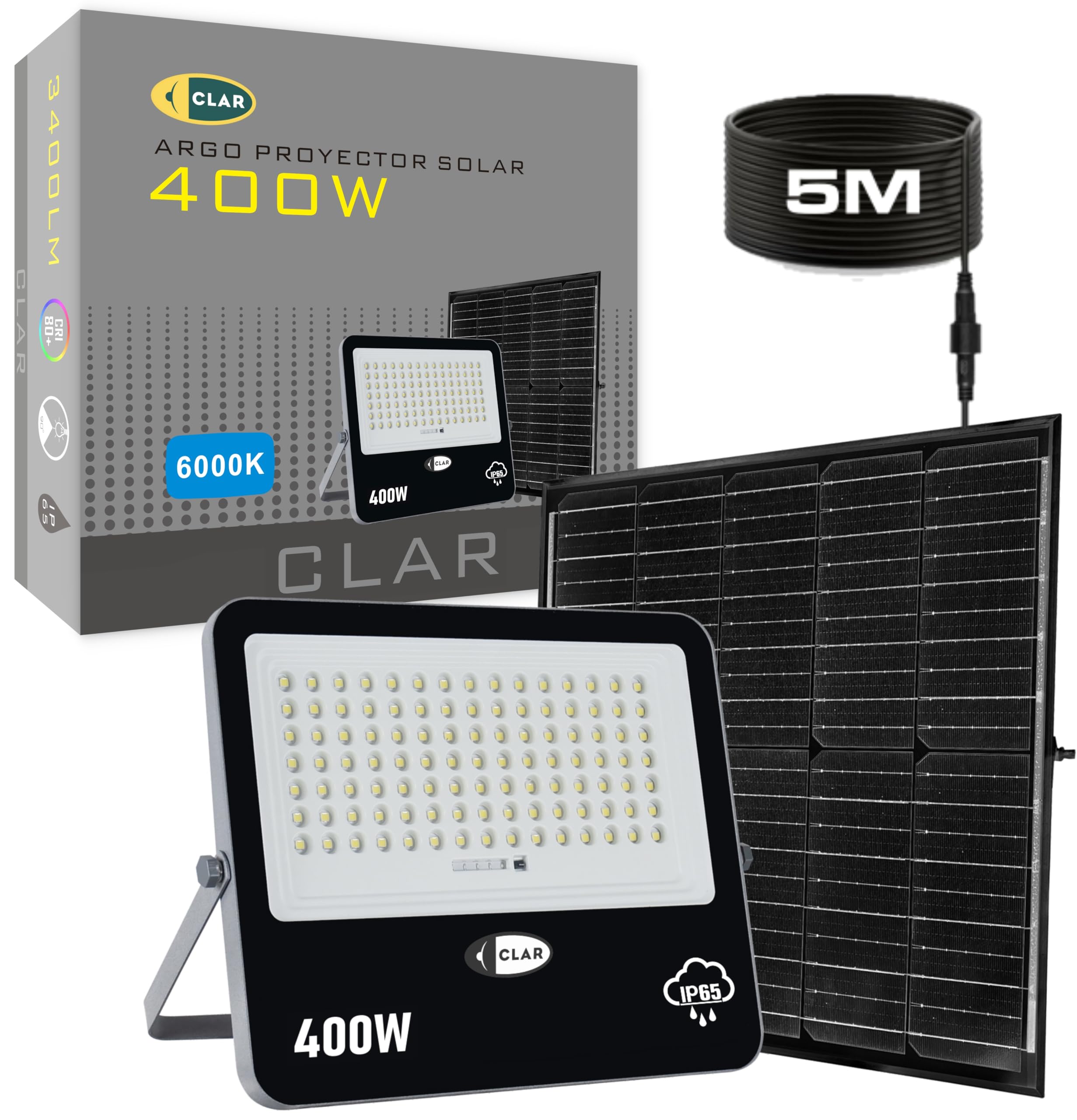 CLAR - Faro LED Esterno con Pannello Solare, Faretti Solari 400W (Pack 1)