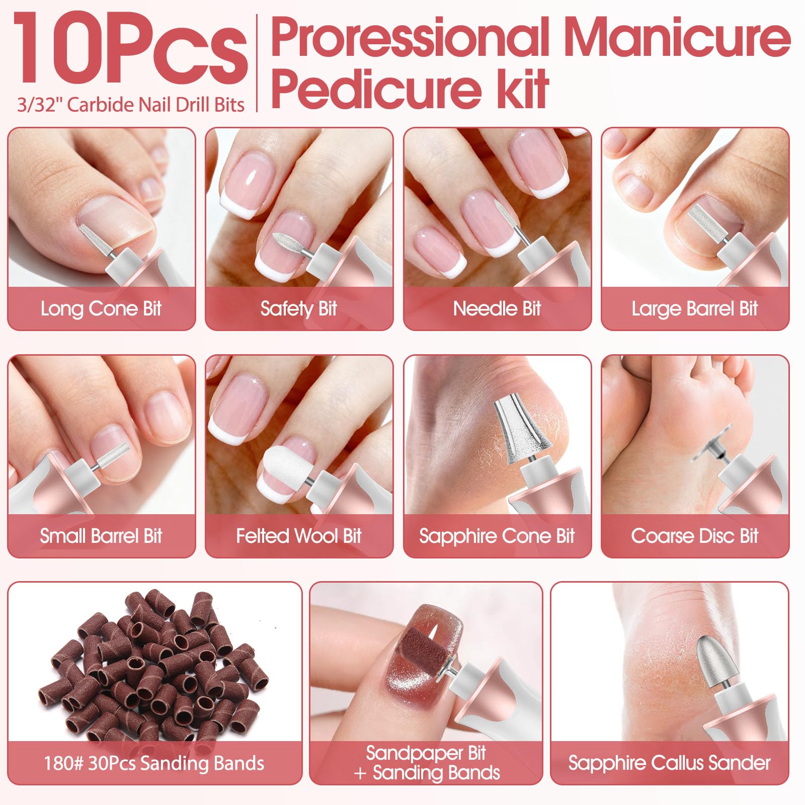 Professionelles Maniküre Pediküre Kit, 10 Geschwindigkeiten Elektrische Nagelfeile für Hand Fußpflege Nagelschleifen Trim Polish, Kabelloser Nagelbohrer Nagelpuffer für Frauen Männer Baby Haustiere