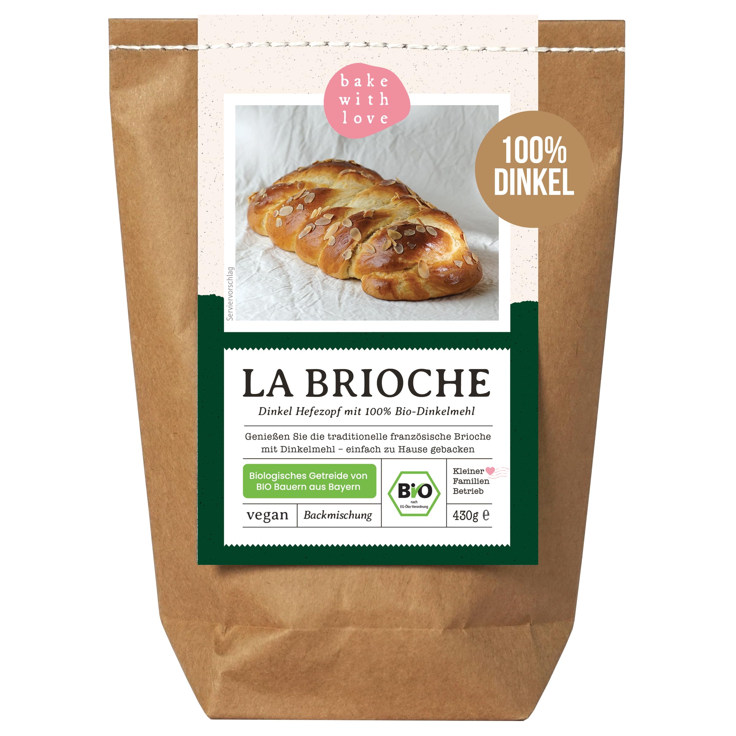 Bio Dinkel Brioche Backmischung – 100 % Dinkelmehl, ohne Weizen – für Zimtschnecken, Hefezopf, Osterzopf & süßes Hefegebäck – für Ofen & Brotbackautomat – Bake with Love – 10er Pack