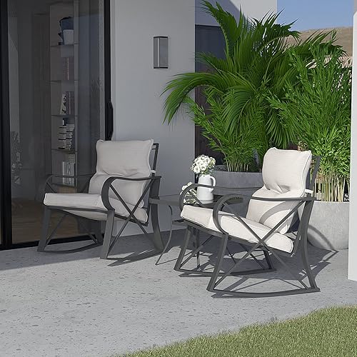 Miniatura 3 de SUNBURY Juego de 3 sillas mecedoras de muebles de exterior con cojín beige, mesa de vidrio templado, elegante silla bistró con marco de patio para