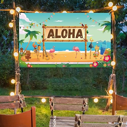Miniatura 5 de ANATANOWOR Decoraciones de fiesta Luau, suministros de decoración de fiesta temática hawaiana de verano en la playa, pancarta grande de fiesta Aloha