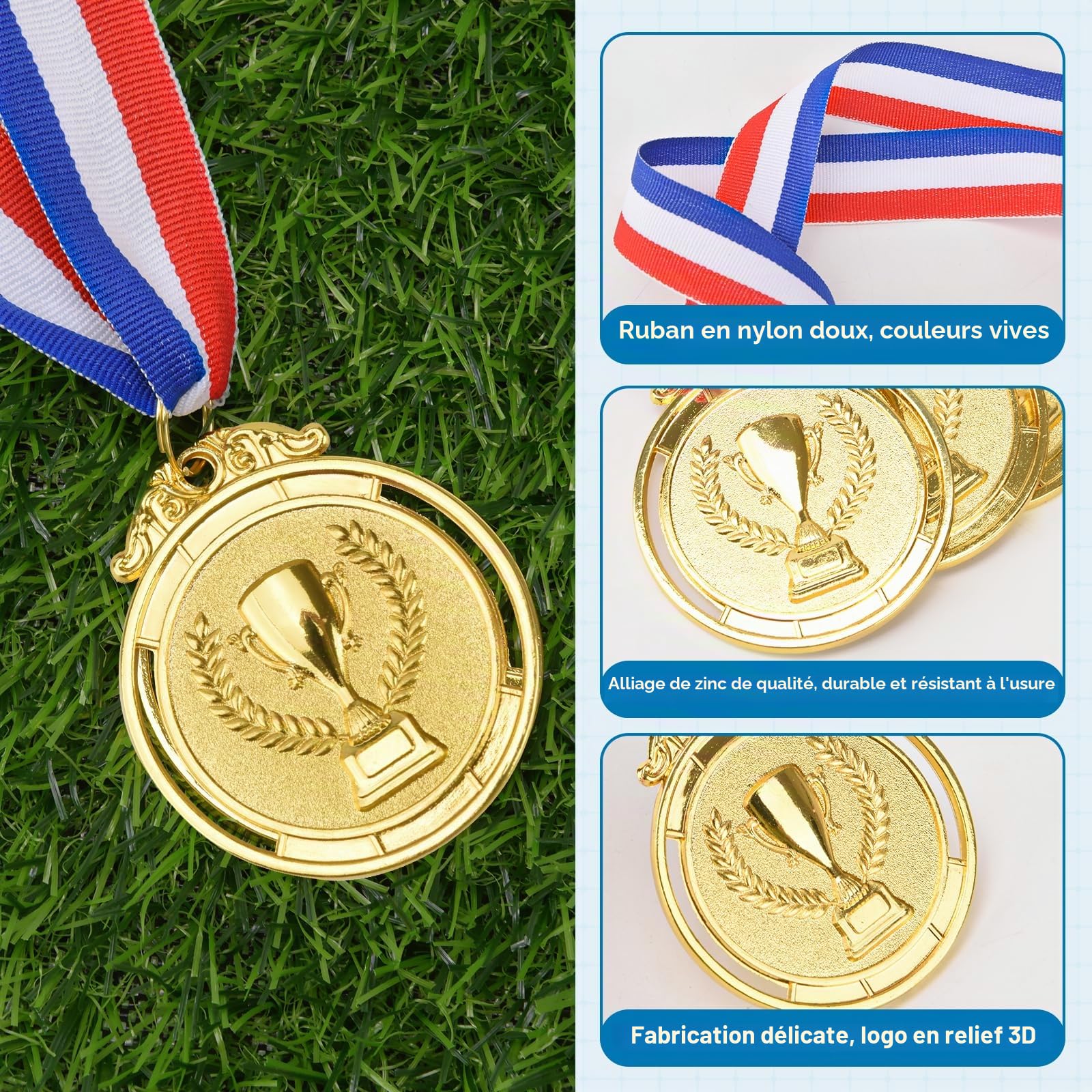 6 pièces de médailles d'or pour récompenses, médailles de récompense en métal pour enfants avec rubans de cou, médailles de vainqueur de trophées de style olympique, médailles d'or pour les prix de