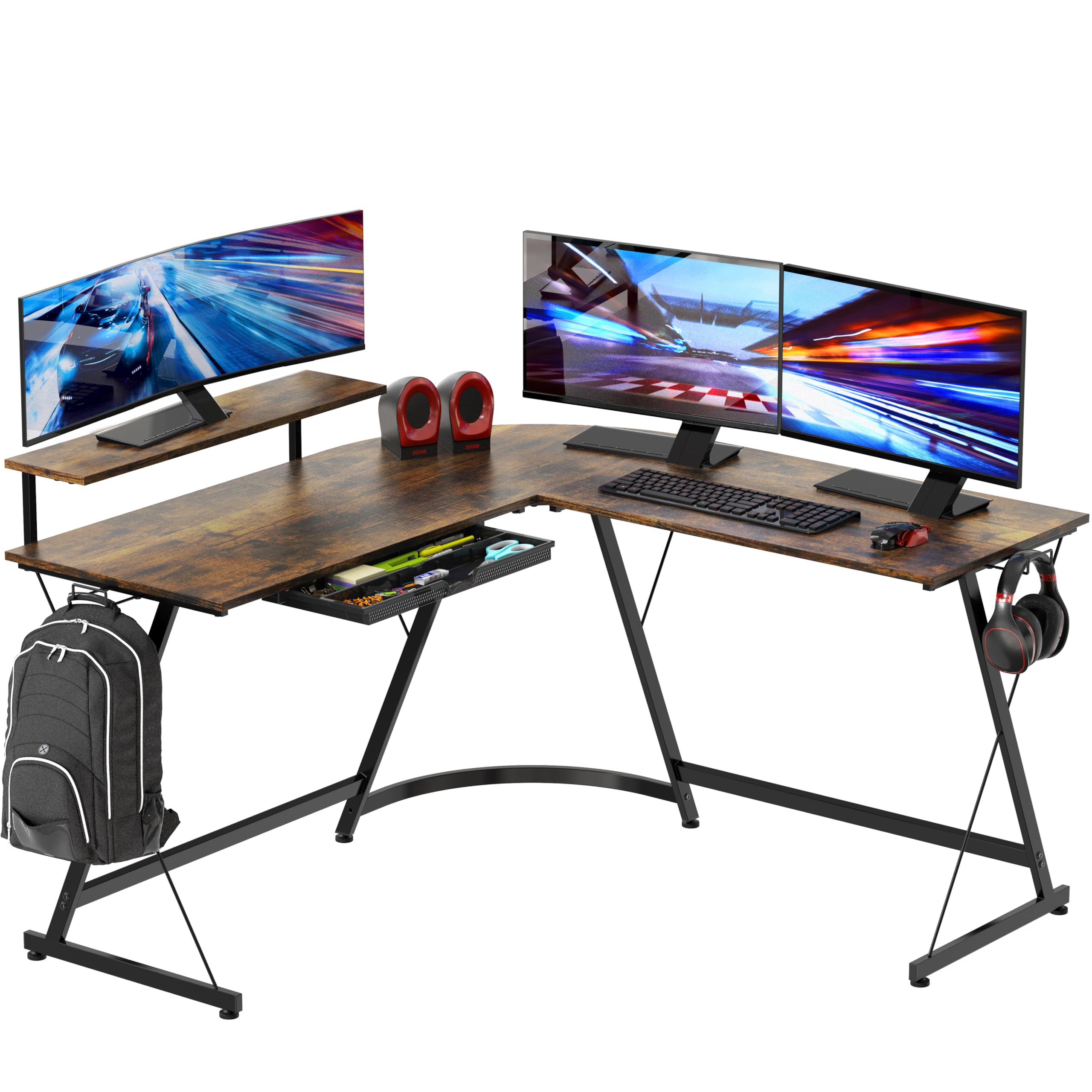 Shw Rustic Brown Vista L Desk With Monitor Stand Drawer,