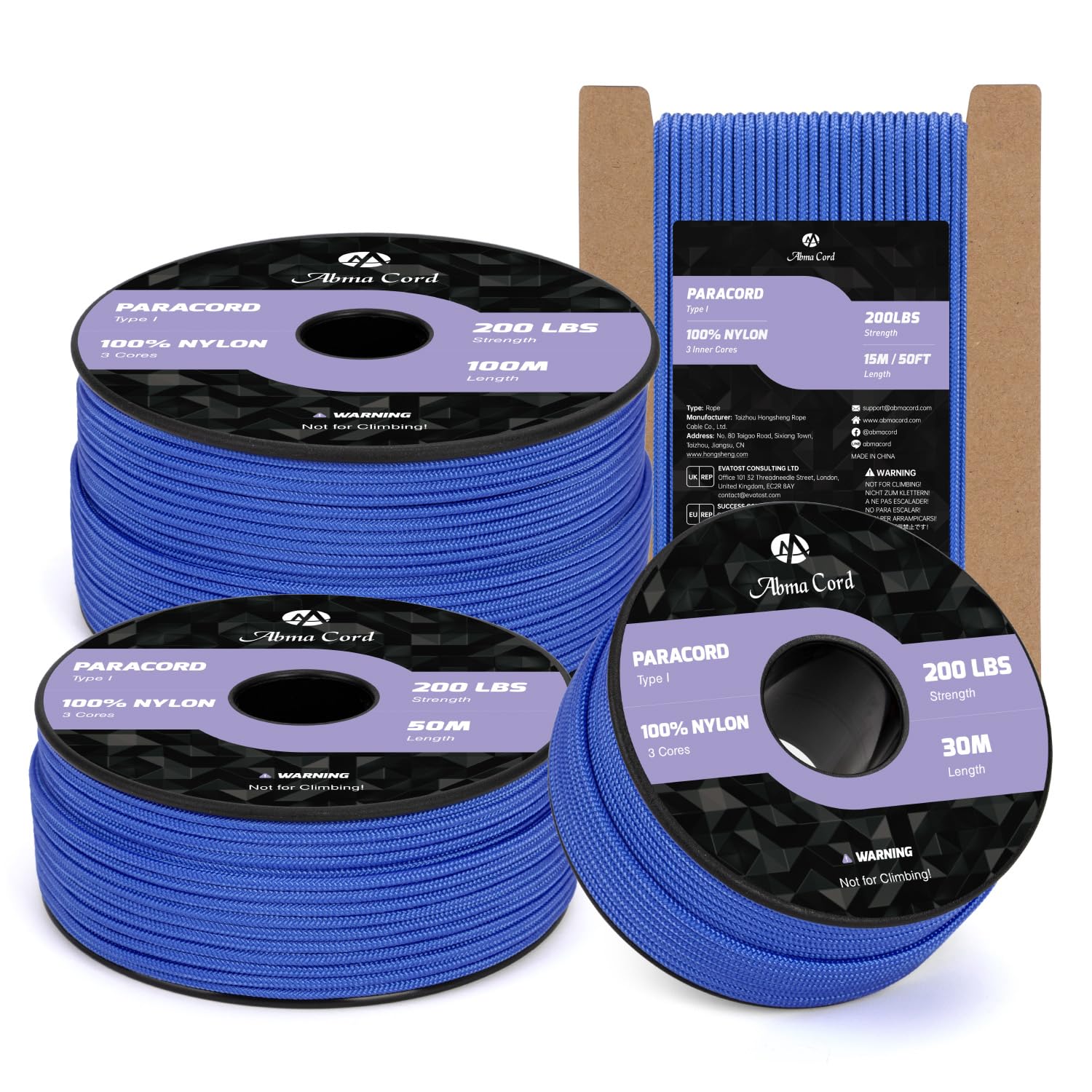 Abma Cord 2mm Paracord 100m Nylon Rope 3 Strands Type I Cord for DIY, Camping, Outdoor - Max. 90kg (200lbs) - Dark Blue