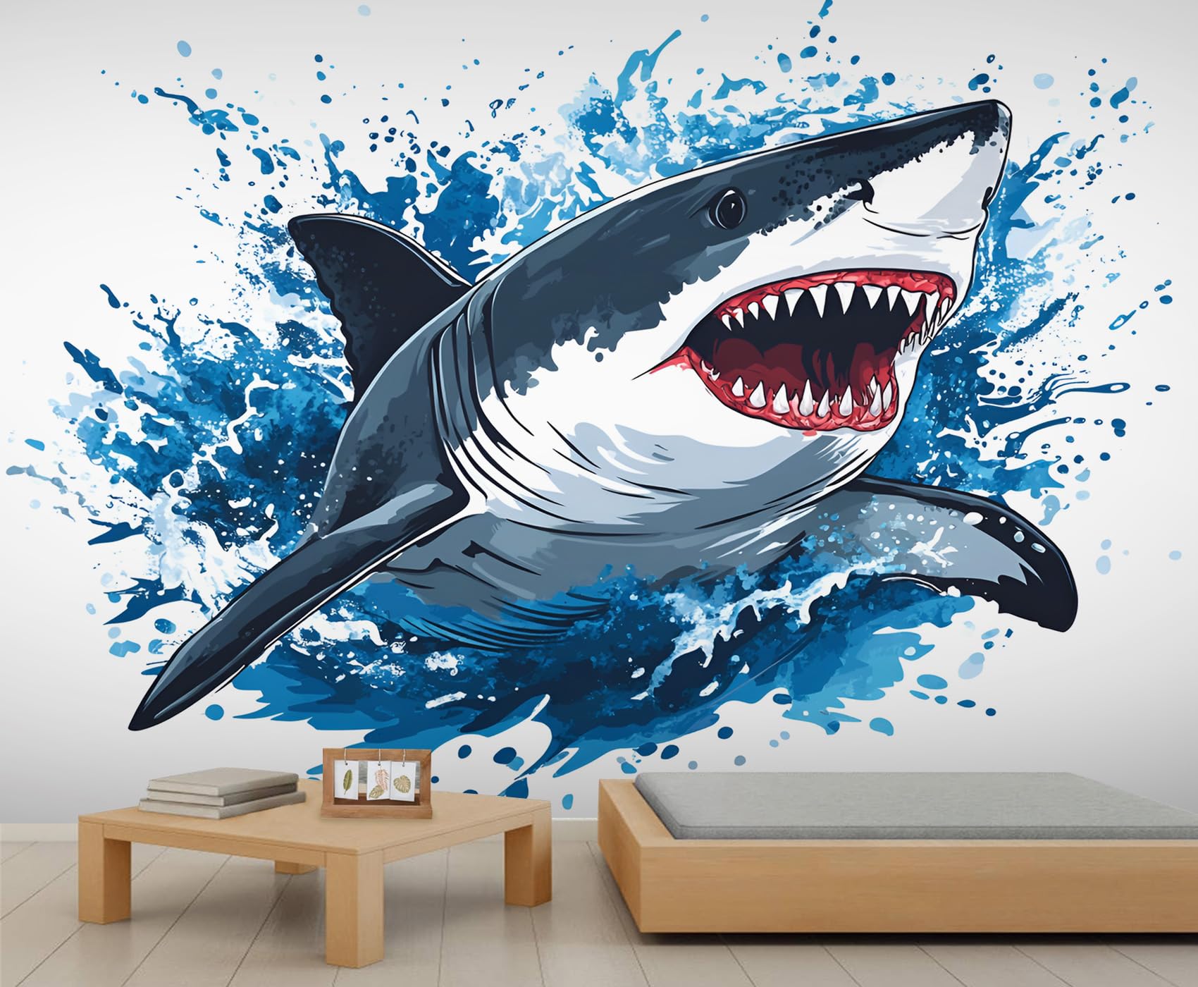 Splash Attack Shark Wall Mural, Graffiti Great White Shark 3D Wall Murals, Funky Ocean Animal Wallpaper Mural, for Living Room Bedroom Large Wallpaper (Not Peel and Stick) - 118" W x 82.6 "H