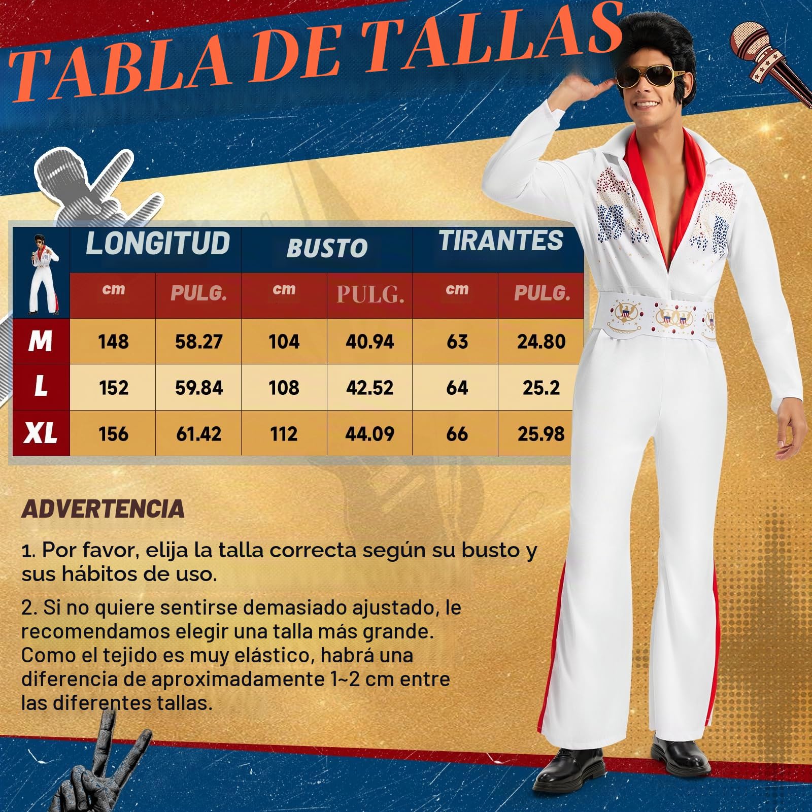 Ulikey Disfraz Elvis Presley Adulto, Disfraz Disco Hombre de Años 70 con Peluca de Elvis, Gafas de Sol, Micrófono, Bufanda Roja Disfraz de Rey Rock Hombre para Carnaval