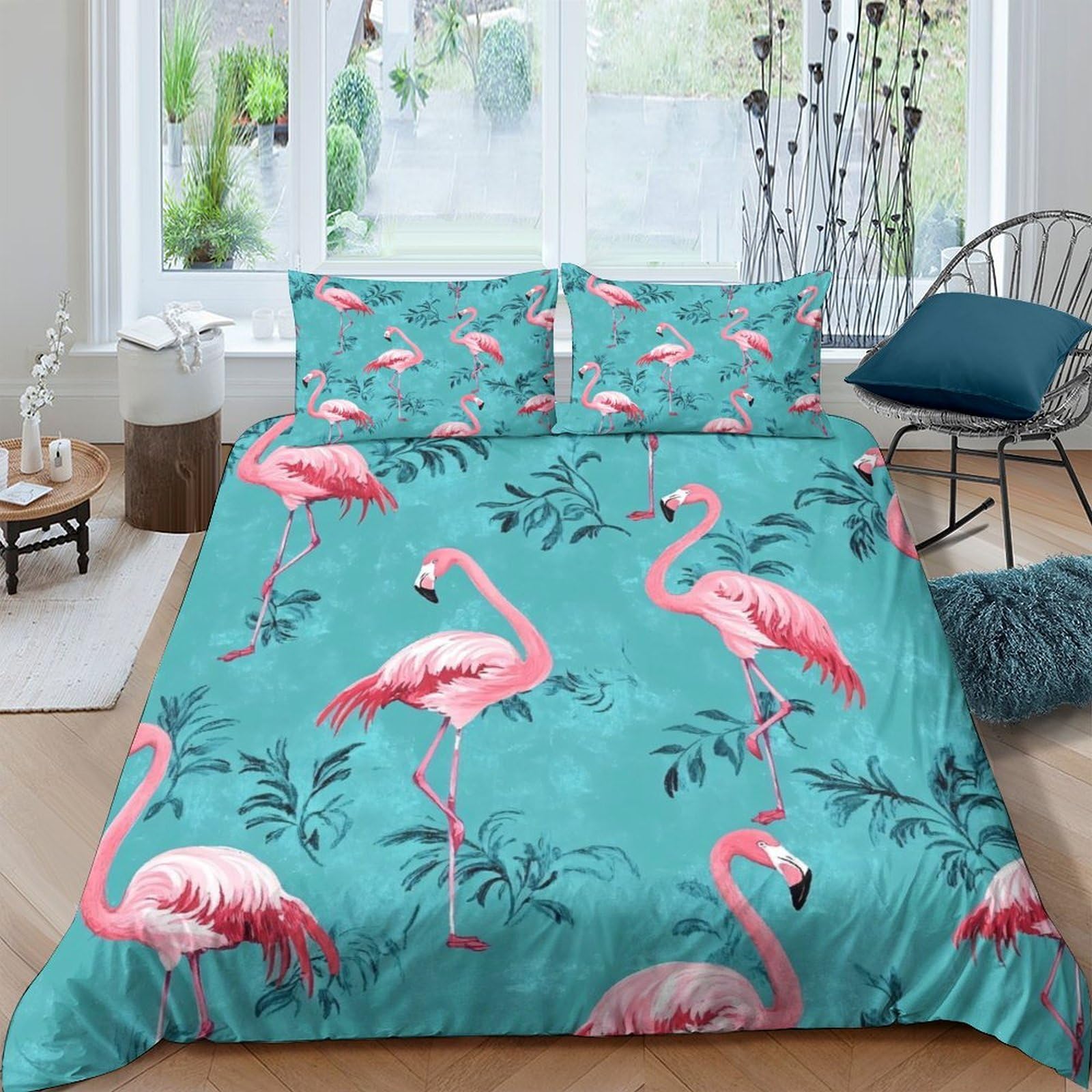 GPLZQXKJNH 3D Printed Flamingo Tropical Duvet Cover Microfiber Soft Breathable Palm Leaf Bedding Set with 2 Pillowcases for Bedroom Decor Single（135x200cm）