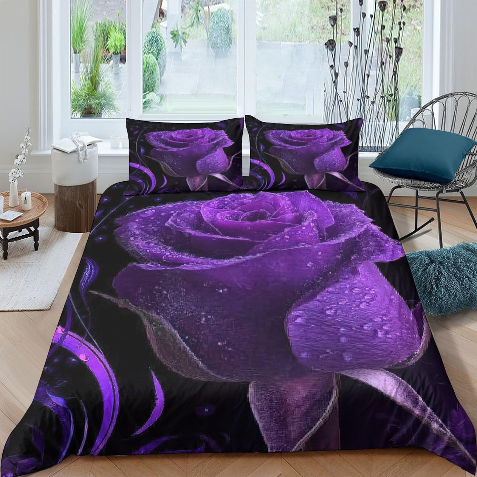 Ctjqhvkz Style-6 3D Printed Purple Rose Fitted Sheet Microfiber Soft Bed Cover Waterdrop Floral Mattress Cover Bedroom Decor Single（135X200cm）