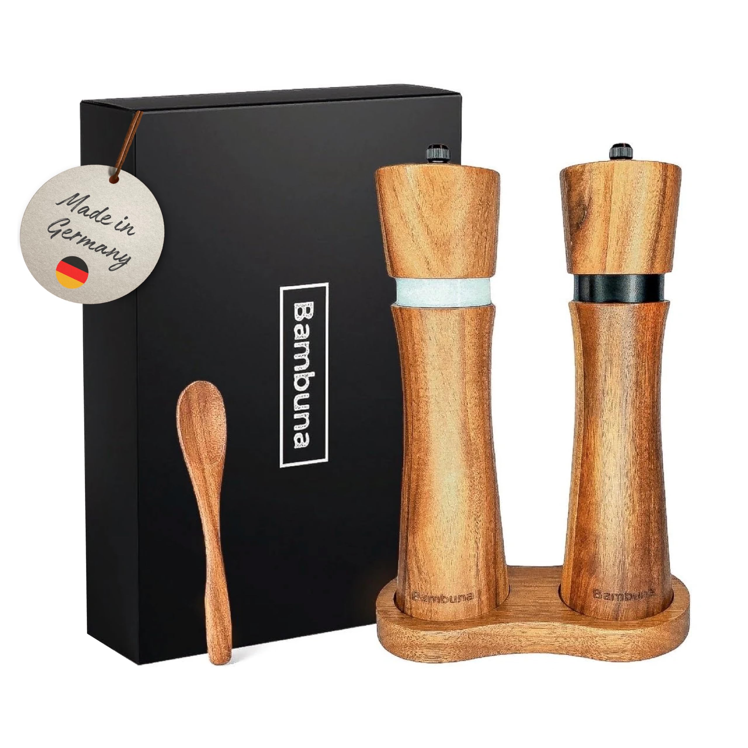 Bambuna Acacia Wood Salt and Pepper Mill Set, 5-Piece Spice Mill Set including Adjustable Ceramic Grinder