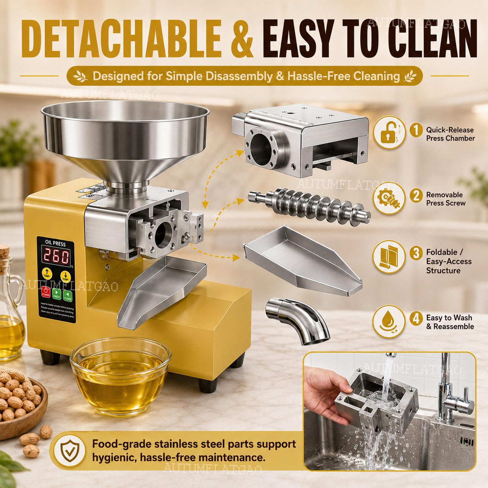 Prensa De Aceite 1500 W, Prensado En Frío Y Caliente Para Nueces Y Semillas | Ajuste De 40–300℃ Para Prensado Suave O En Caliente De Cacahuetes, Sésamo, Girasol, Nueces Y Otras Semillas