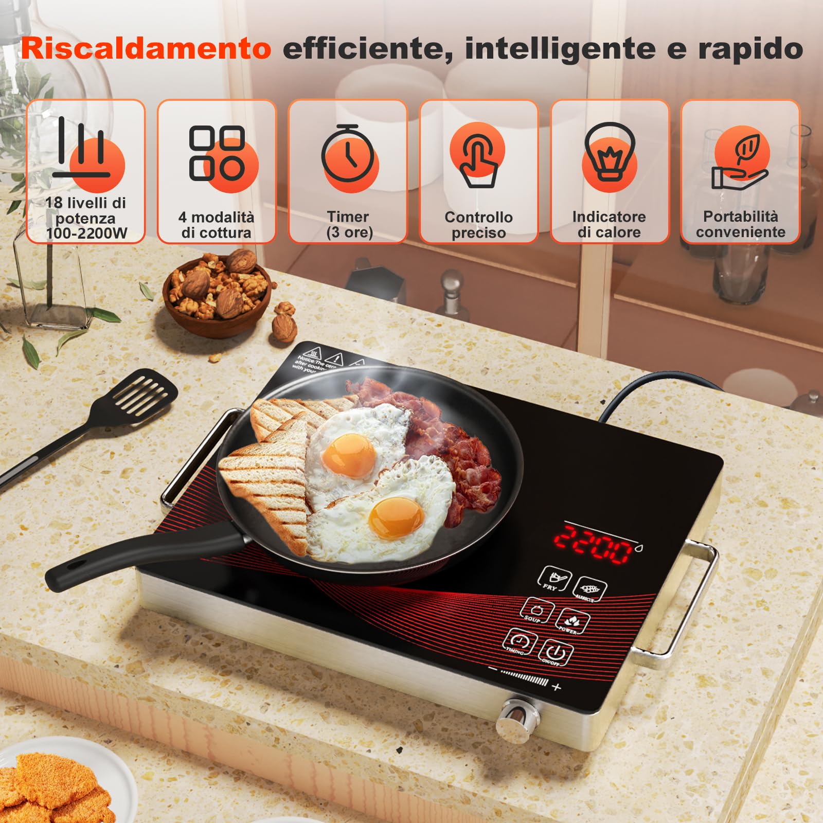 Alemania Piastra Elettrica 1 Fuoco 2200W, Piastra Vetroceramica Portatile a Infrarossi con Vetro Nero, Piastra di Cottura da Tavolo con 18 Livelli di Potenza e Temperatura, Timer