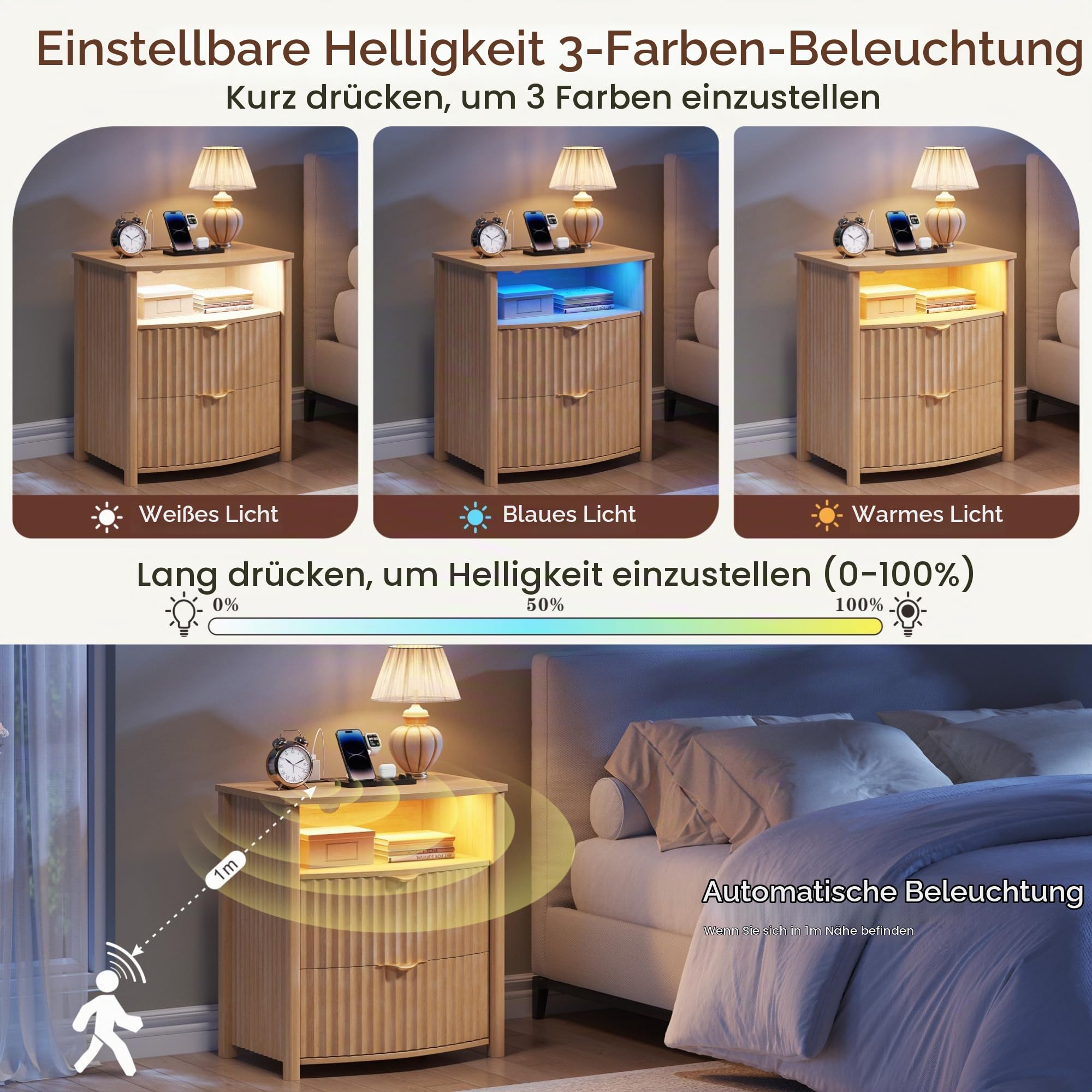 TAGELIER LED Nachttisch mit Geheimfach & Ladestation, Naturholzfarbe