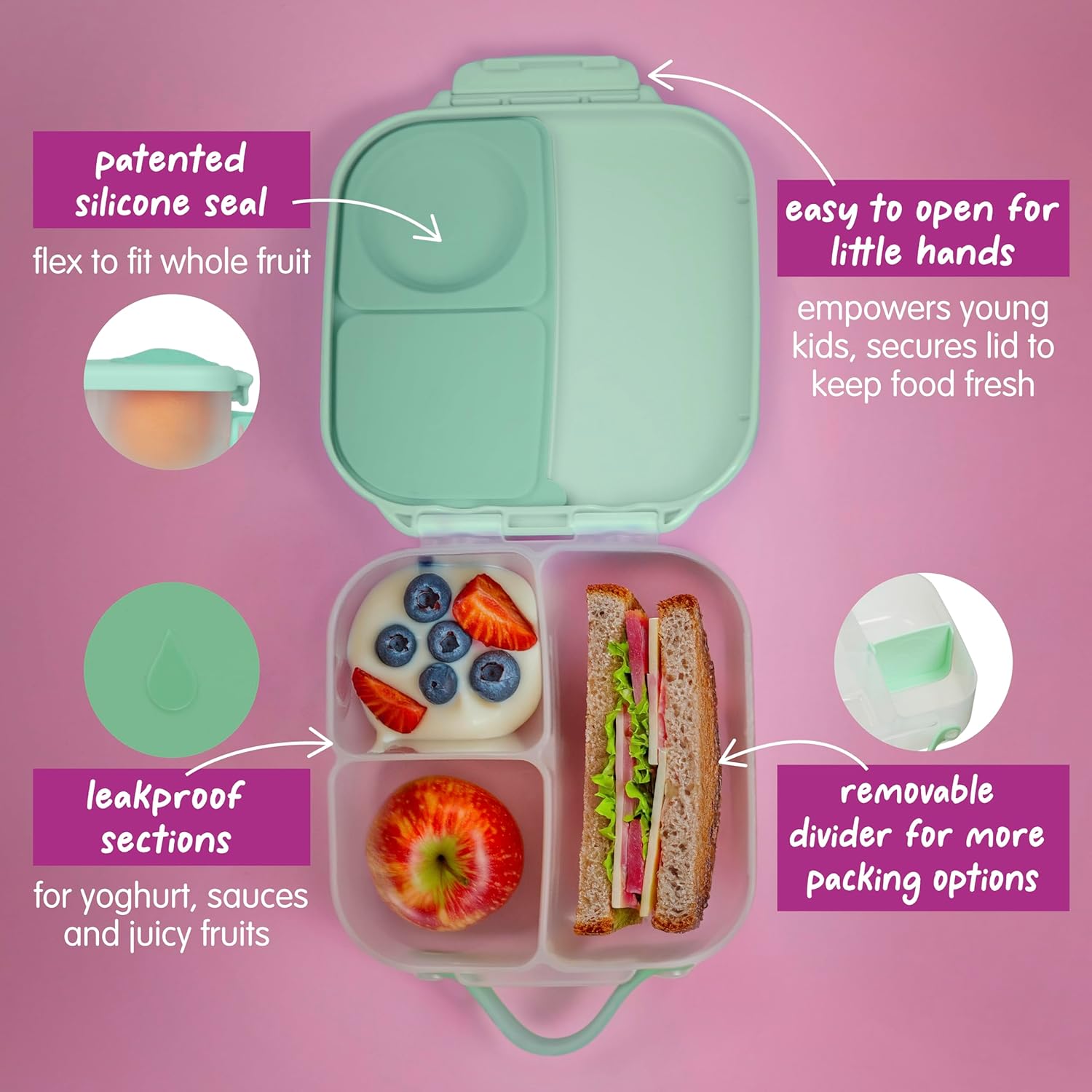 b.box Mini Lunch Box - 4.25 Cup Leak Proof Bento Box for Kids Ages 3+ - 3 Compartment Snack Containers, School Lunch Container, Dishwasher Safe, BPA-Free, PFAS-Free - Spearmint - Image 3
