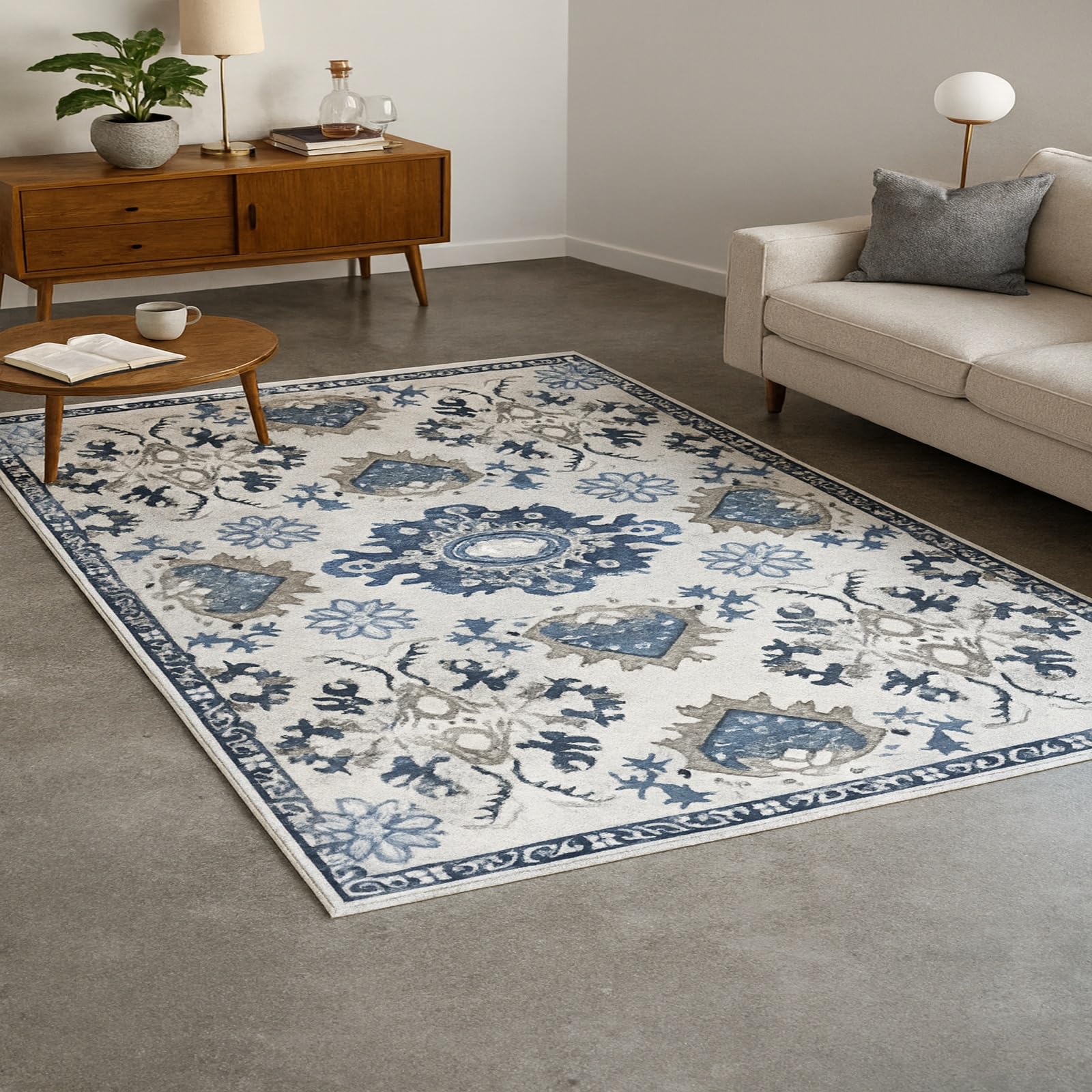 Tapis de salon poil ras bleu 180x270 chambre bureau entrée grand