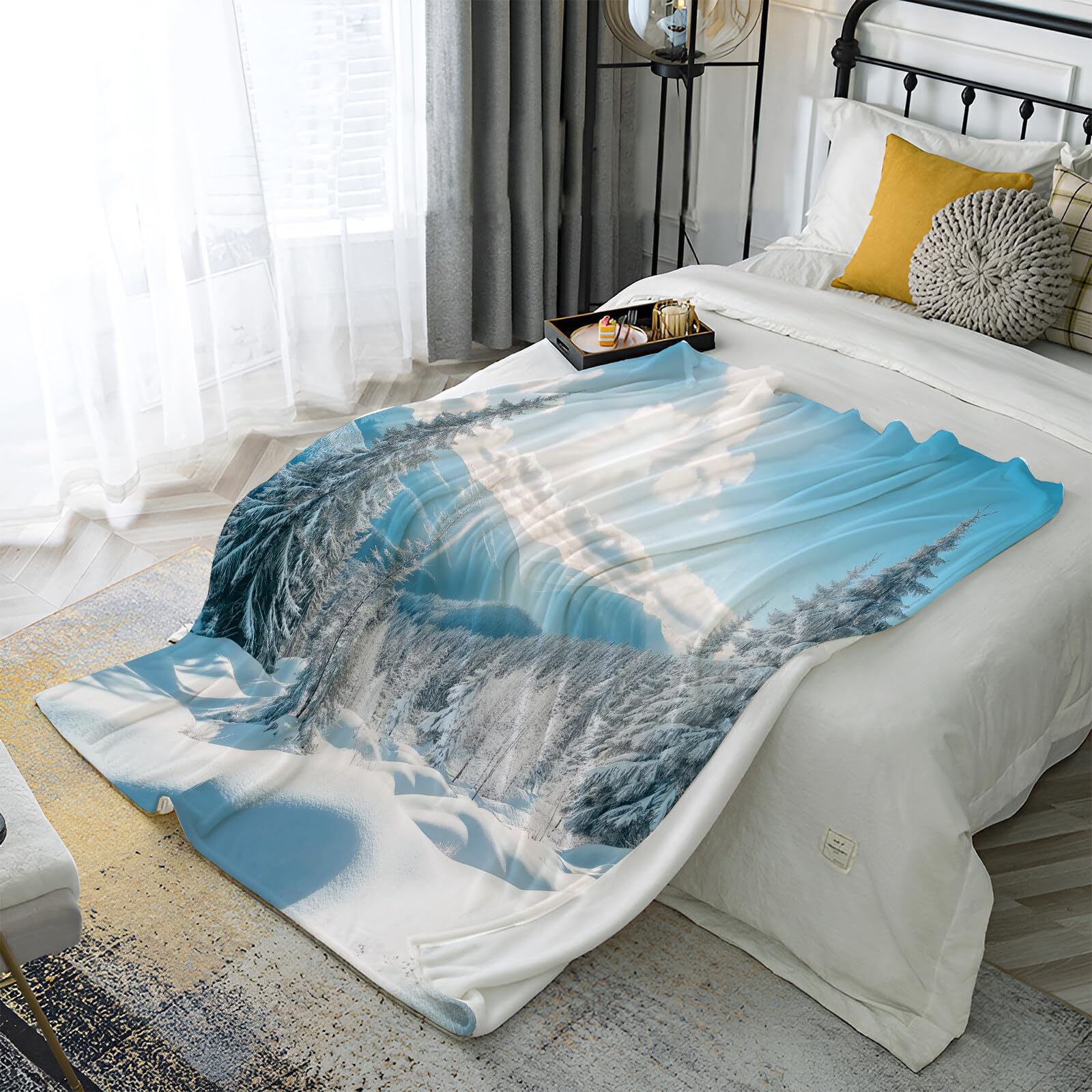 Manta De Navidad Azul Blanco Montañas del Cielo 220X240Cm Suave Cálida Y Peluda Decoración Navideña,Acogedora Invierno Natural Adolescentes De Adultos para TV Sofá En Vacaciones